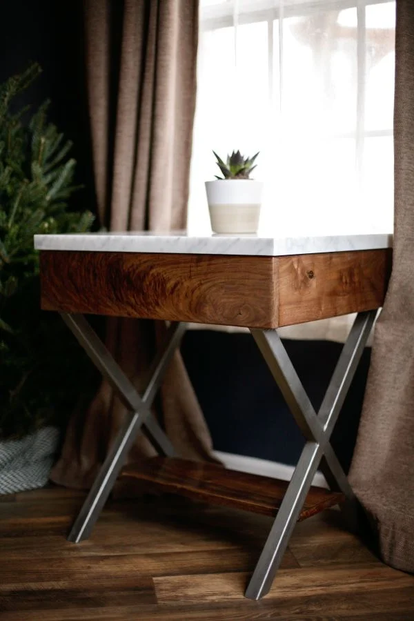 Custom Marble and Walnut Side Table