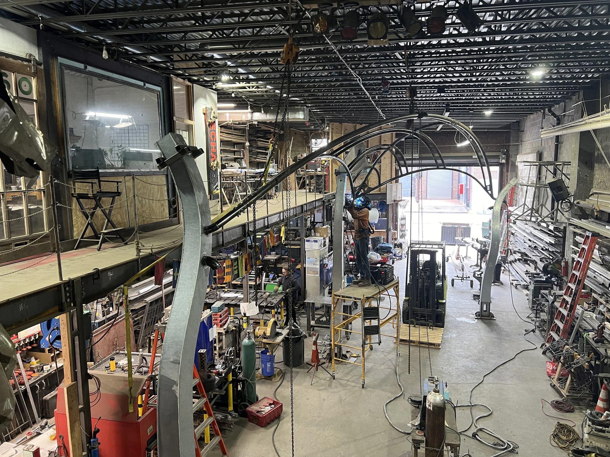 618 Design's Brooklyn fabrication shop with steelwork in progress.