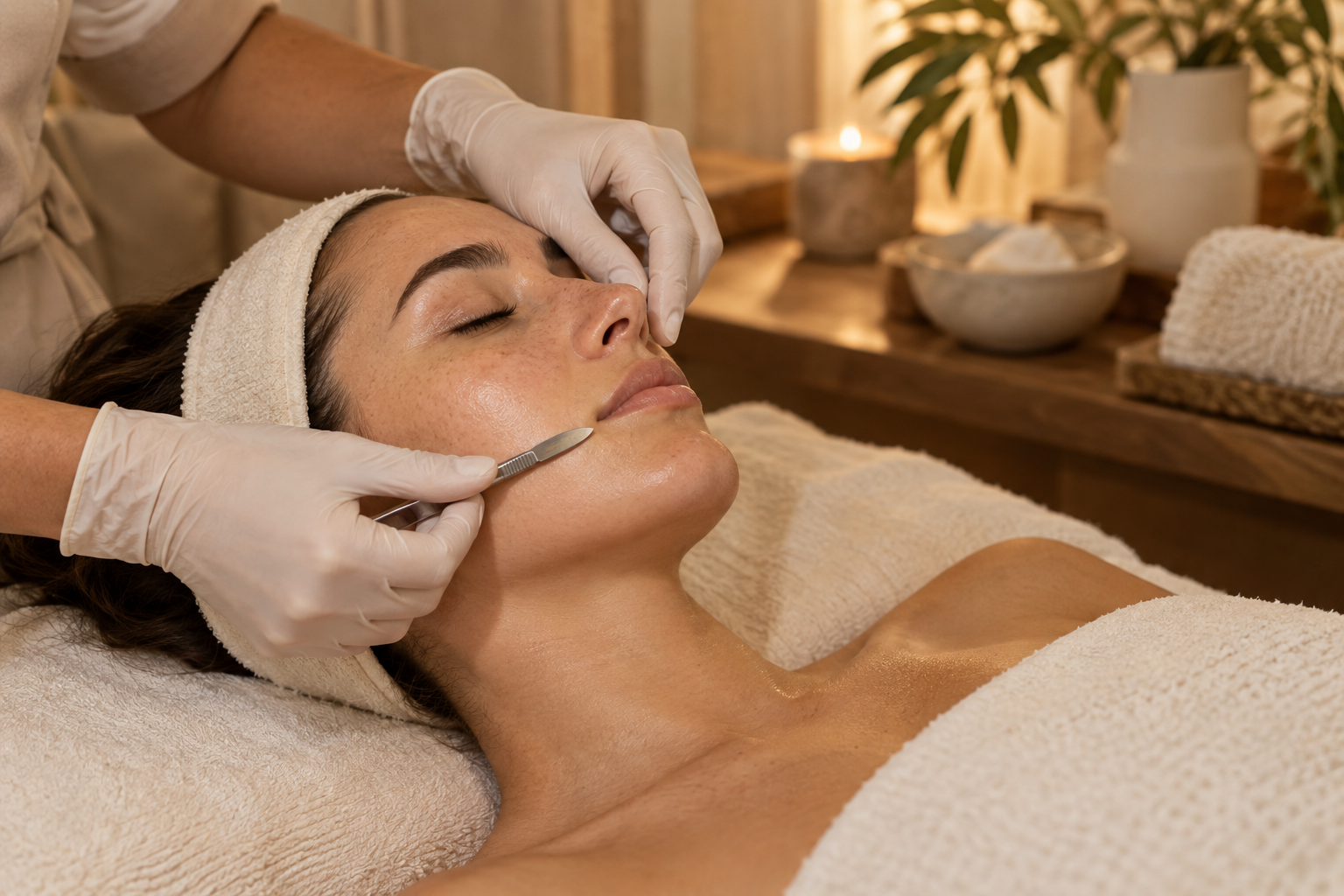 Anonymous professional dermaplaning treatment in a warm spa setting at Mandara Spa Fort Collins