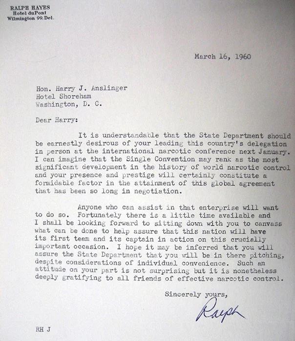 Correspondence between Ralph Hayes, Vice President, The Coca-Cola Company, and Harry J. Anslinger, Commissioner, Federal Bureau of Narcotics.