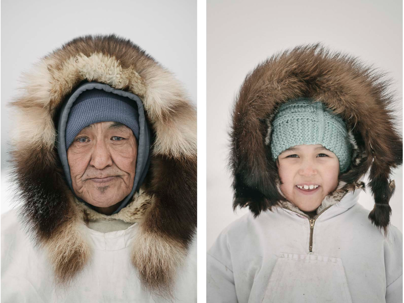 On the left, Raleigh Kowunna, an Iñupiaq elder, wears his traditional ice camouflauge parka. On the right, Siana Reich, daughter of whaling captain Inugurak Reich.