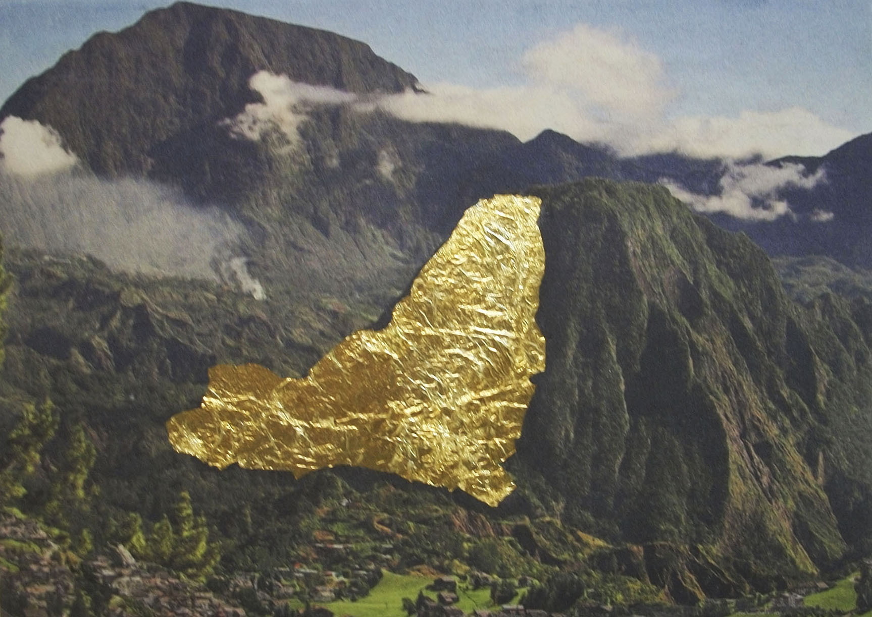 2016, newsprint and gold leaf on masonite, 4" x 5"