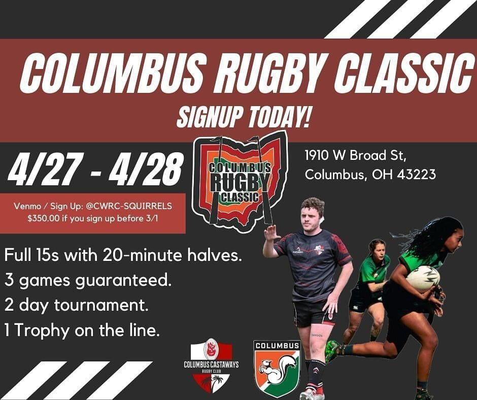 The Columbus Women&rsquo;s Rugby Club and Columbus Castaways Rugby Club are hosting the Columbus Rugby Classic 2024 this April 27th and 28th!

We have Women&rsquo;s, Men&rsquo;s, Women&rsquo;s Collegiate, and Men&rsquo;s Collegiate brackets available