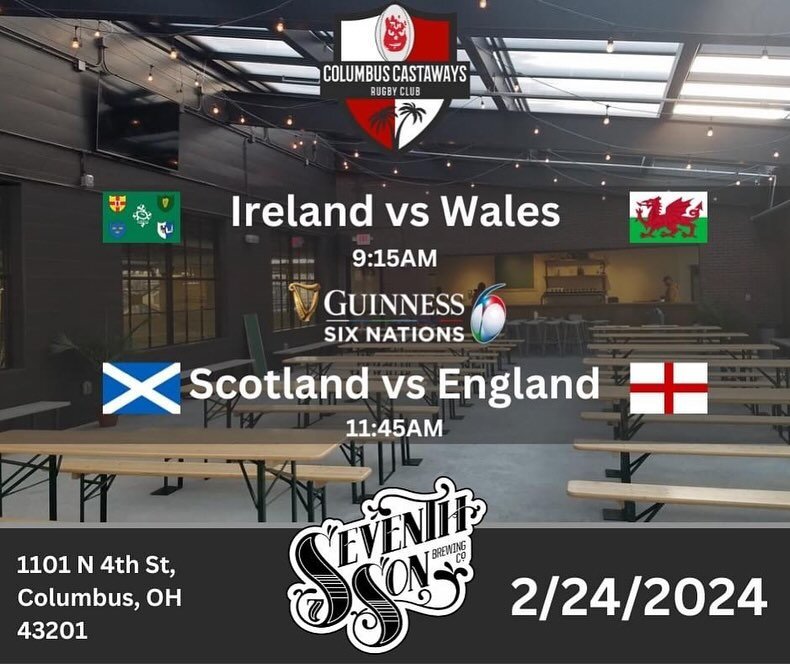 Today and Sunday the Six Nations pick back up! Come and join the Columbus Castaways Rugby Club at Seventh Son Brewing to watch the games!

Be sure to arrive a little early and support the bartenders who are getting in early just for us!

See you ther