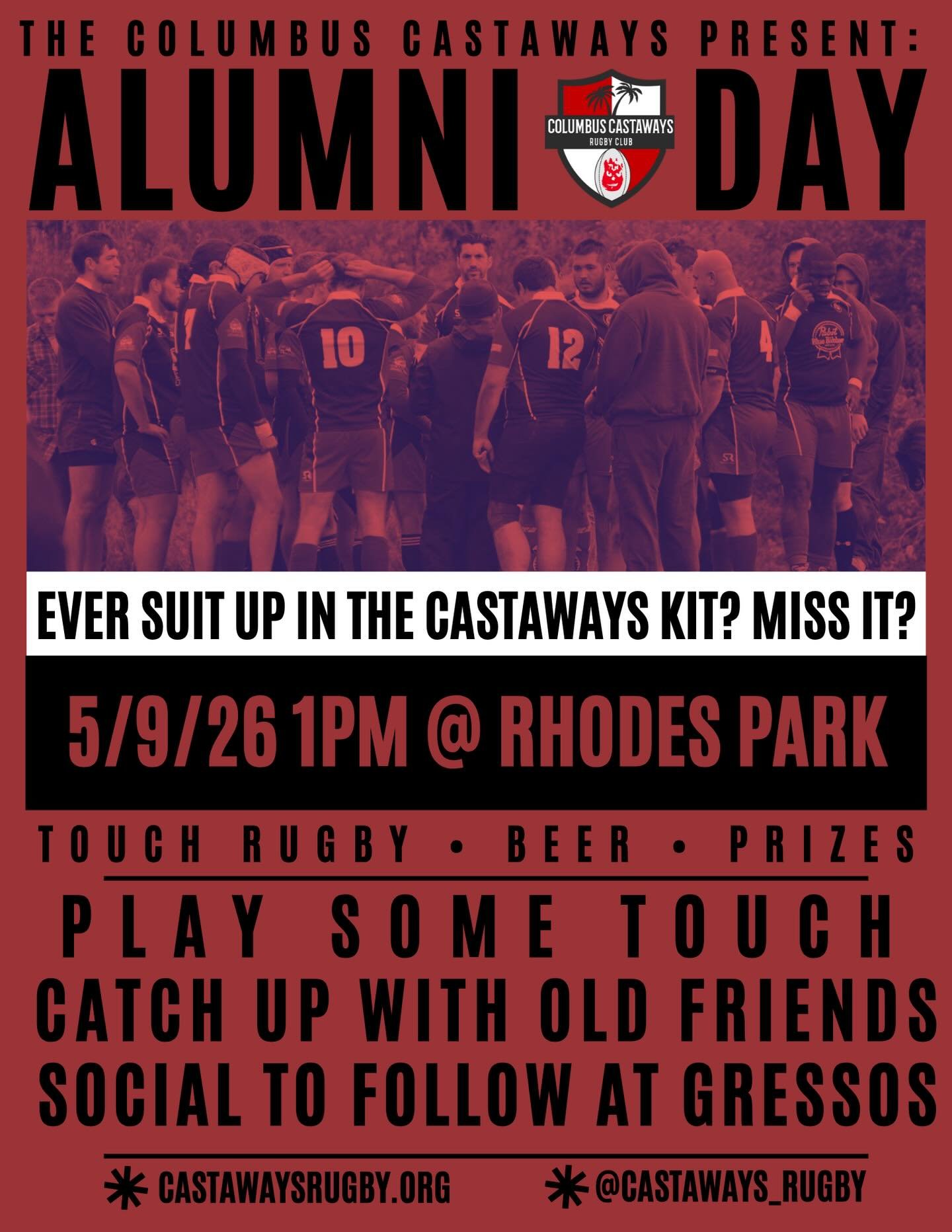Alumni Day this Saturday!

Join us as we celebrate our past players. It&rsquo;s free to all Castaways, past and present, to participate in the touch rugby game and the food after. If you donate in support of the club, you&rsquo;ll receive a special C