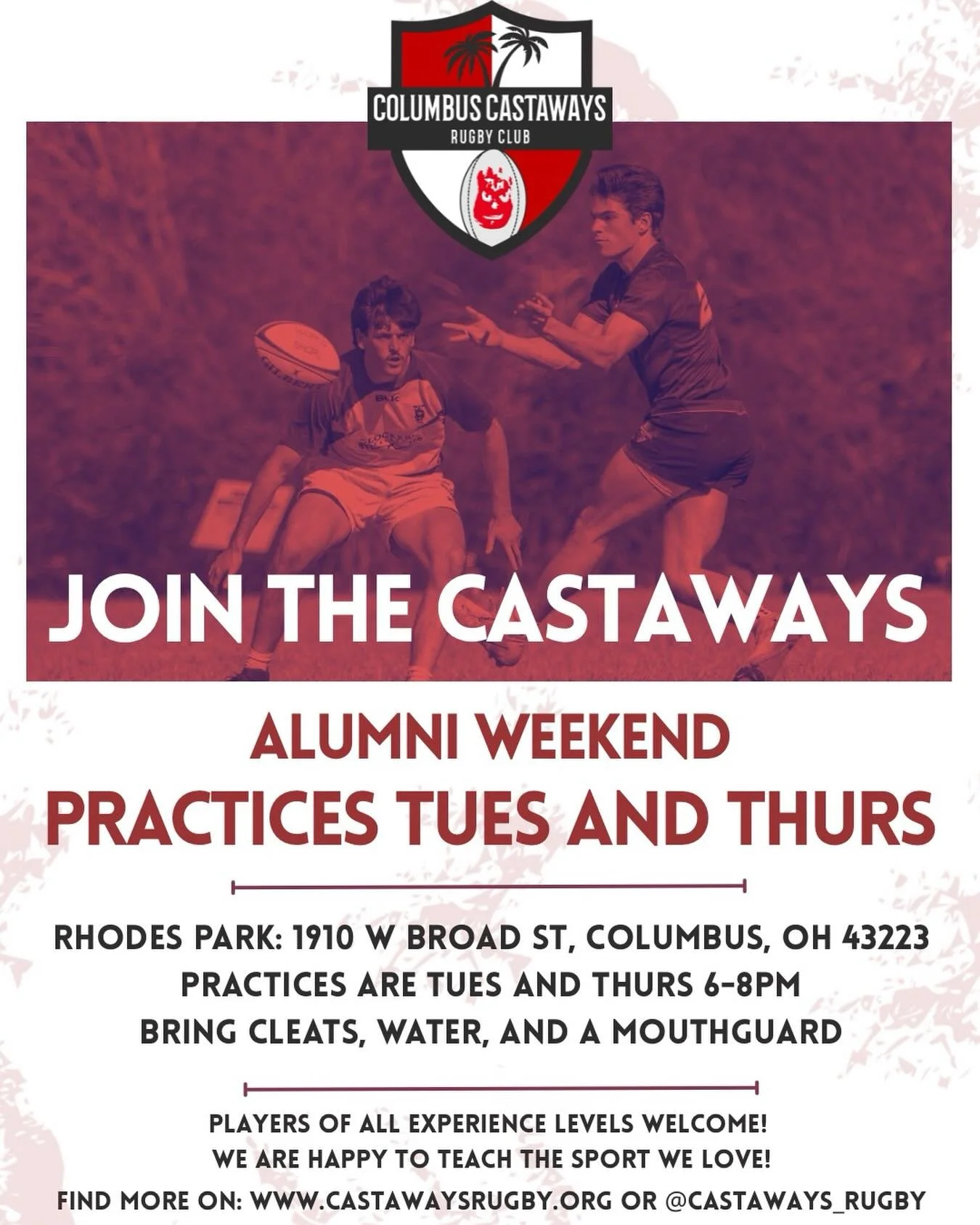 Join us this week as we return to regularly scheduled programming! Practices are held Tuesday and Thursday from 6-8PM. Be sure to bring a mouthguard, water, and boots.

This Saturday is our alumni event! Be sure to come out and join us for it, it&rsq
