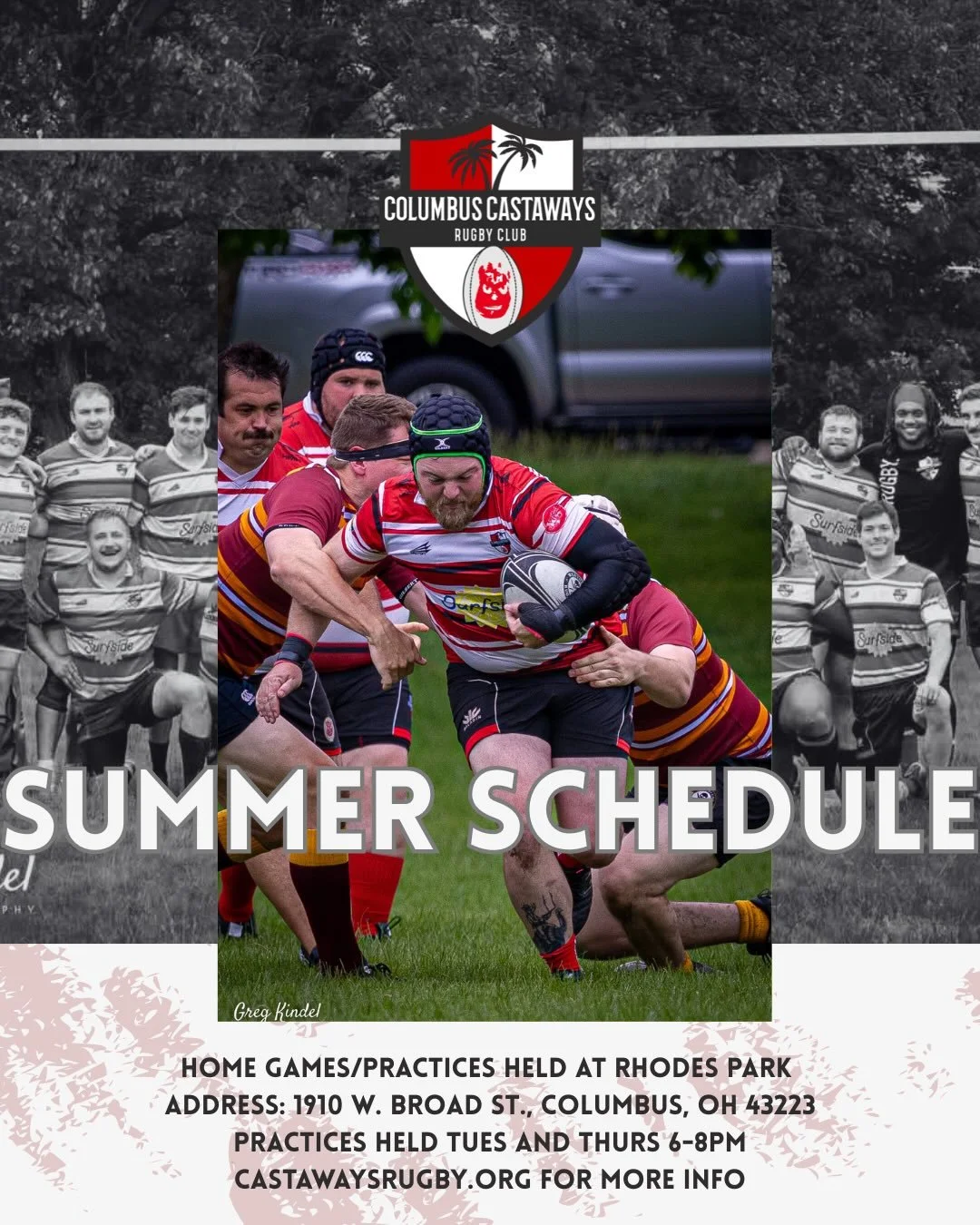 Your Castaways Summer Schedule is here! 

Touch Rugby will begin June 2nd, and will continue every Tuesday &amp; Thursday from 6-8PM at Rhodes Park till the pre-season begins. 

Officers Elections will be held following Touch Rugby on June 18th.

Pub