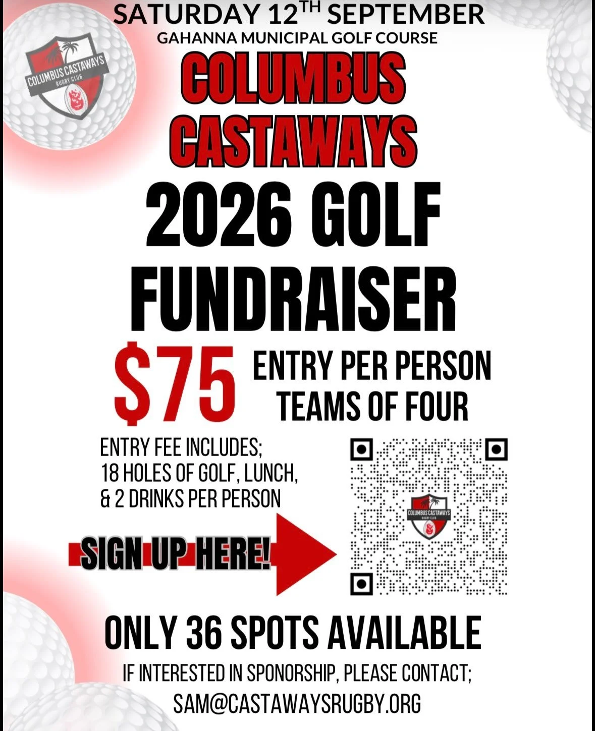 The Annual Castaways Golf Outing returns! We&rsquo;ll be at the Gahanna Municipal Golf Course on Saturday, 9/12/26! Tee times to start at 10AM. 

Teams of 4. $75 per person. There are only 36 spots (9 teams) available! So sign up fast to get your spo