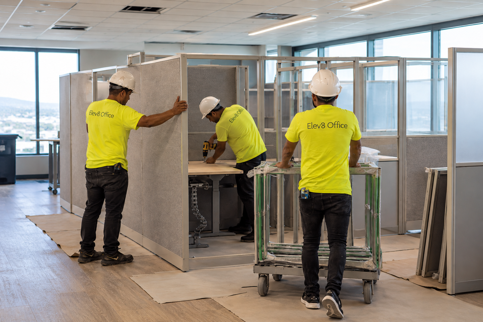 Elev8 Office crew assembling workstation panels in an office