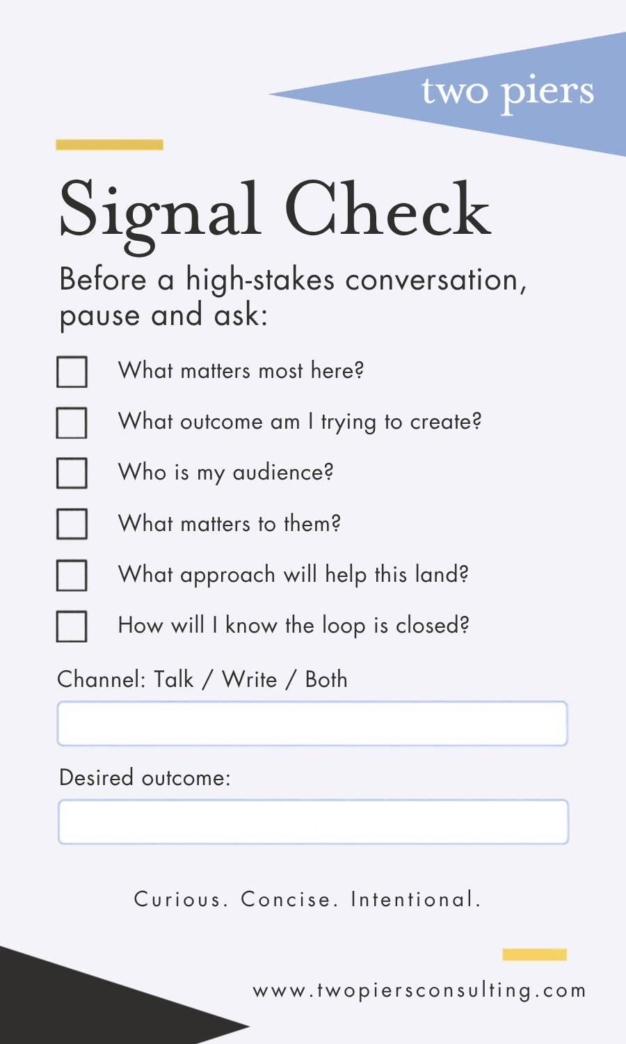 Two Piers Signal Check pocket card for preparing for high-stakes conversations