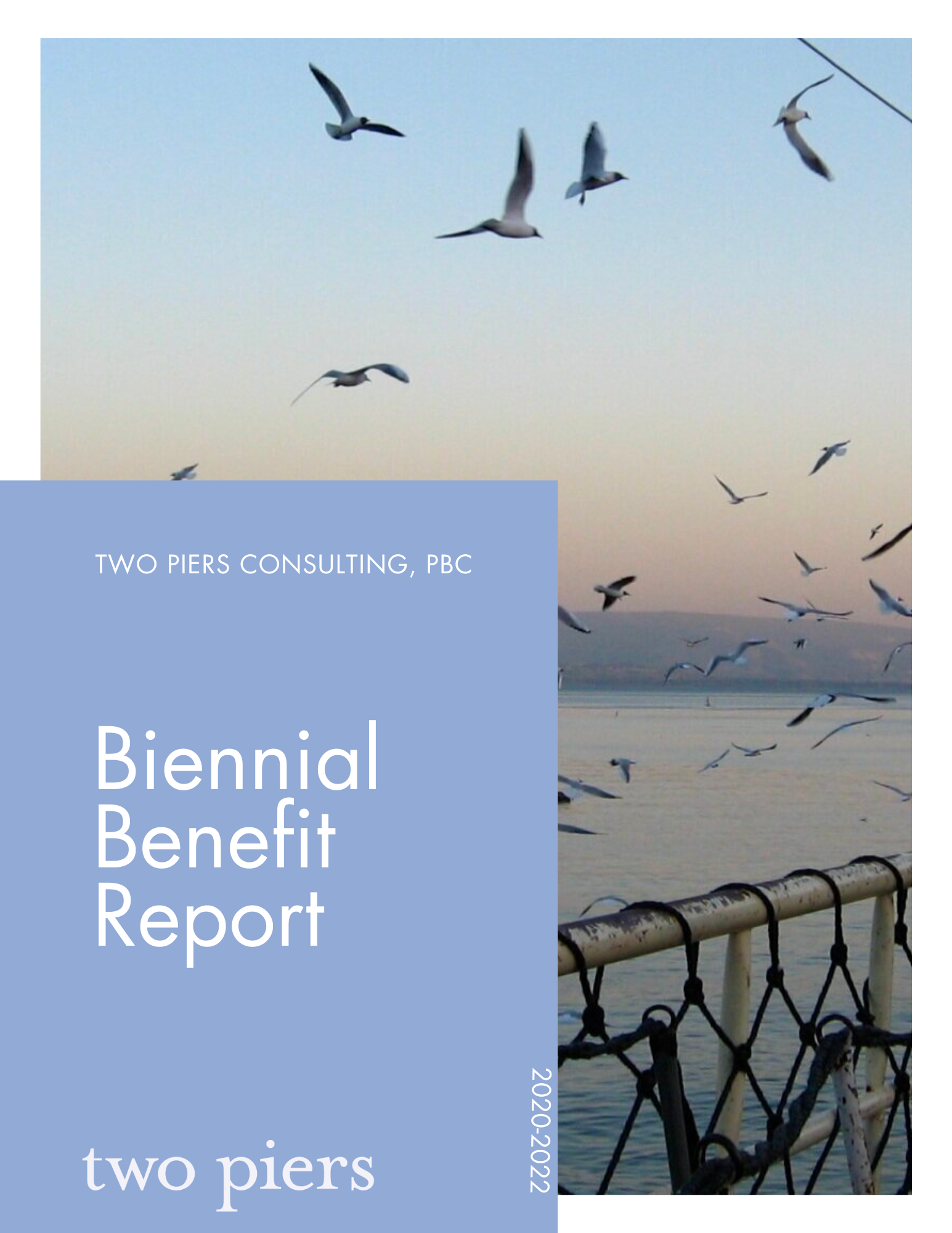 Cover page of the 2020-2022 Biennial Benefit Report for Two Piers Consulting with a background of seagulls flying over the water and a railing with netting in the foreground.