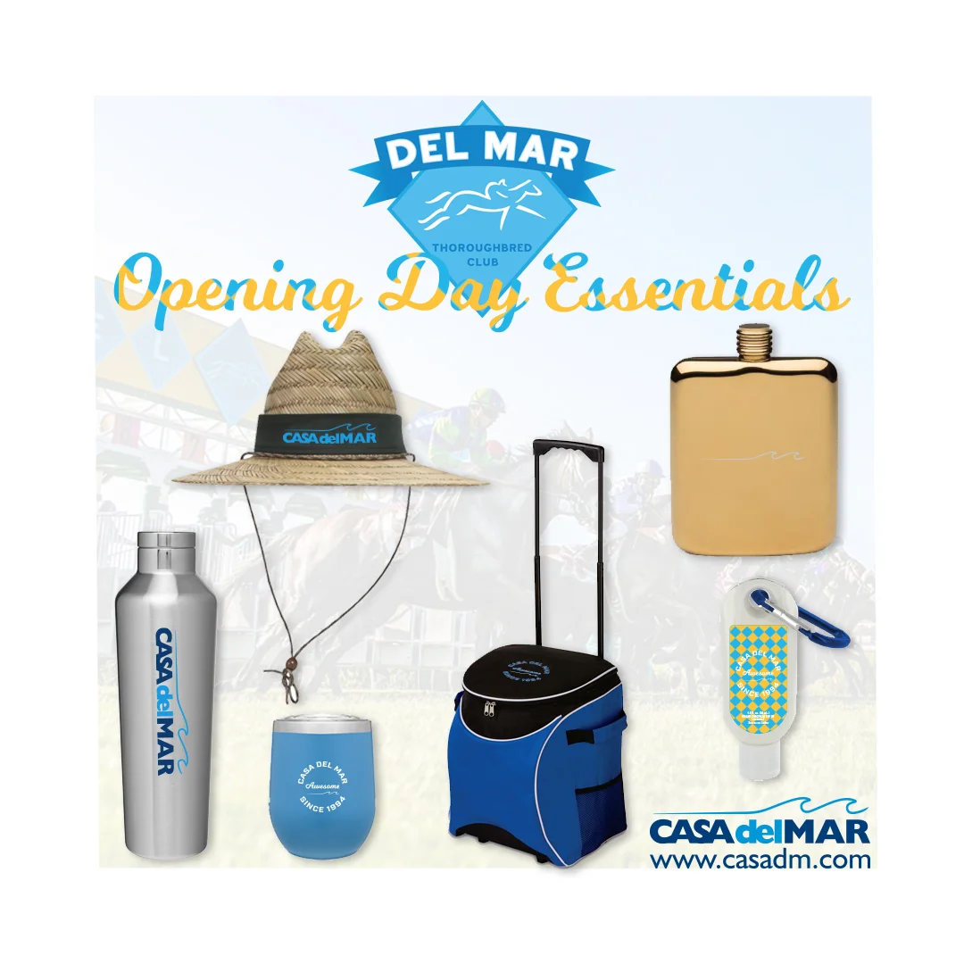 Del Mar, San Diego, Opening Day, Tumbler, Coolers, Sunscreen, Flask, Hats, Embroidery, Screen Printing, Thoroughbred Club, Del Mar Race Track