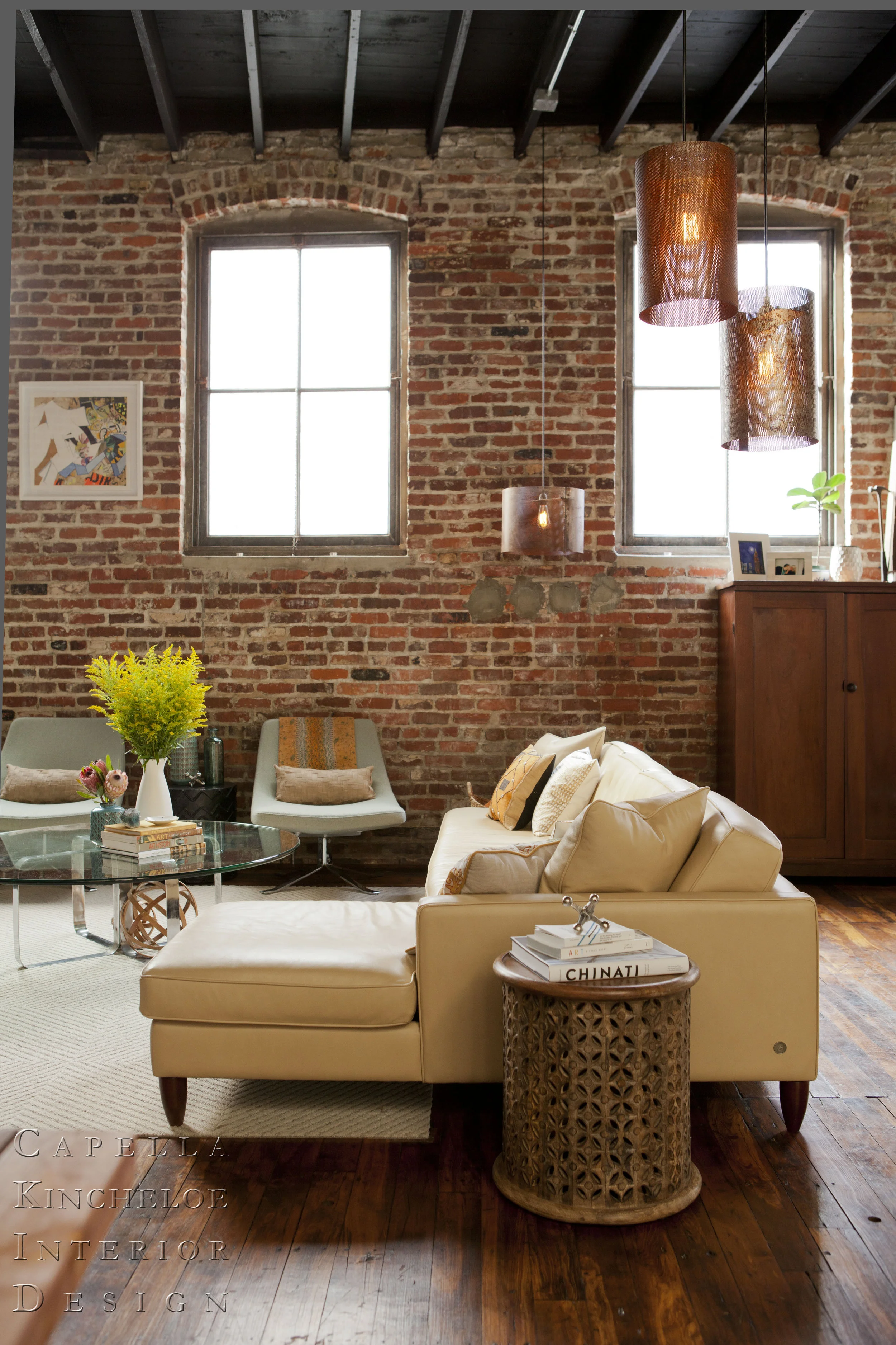 warehouse living in Atlanta, brick walls, American Leather sofa, Room & Board Chairs, open concept living