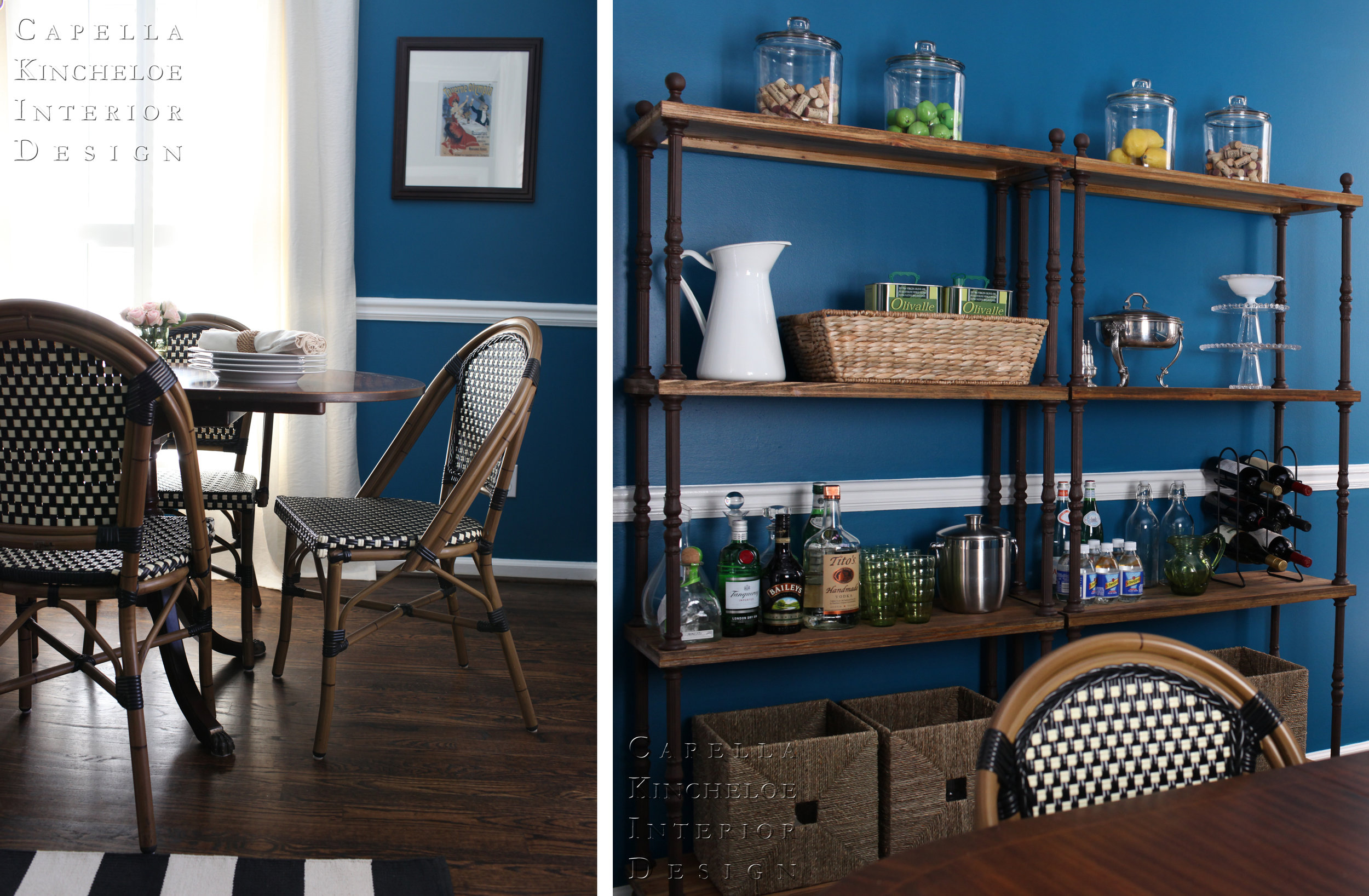 Atlanta dining room, blue walls, french bistro chairs, black, white, blue