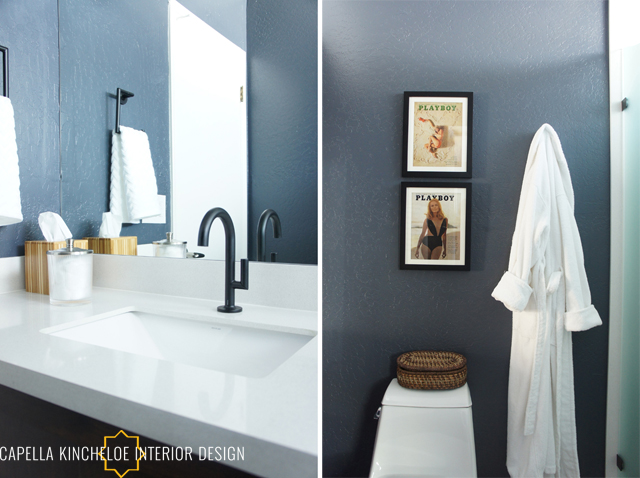 modern bachelor bathroom, blue walls, black fixtures, white quartz, masculine bathroom