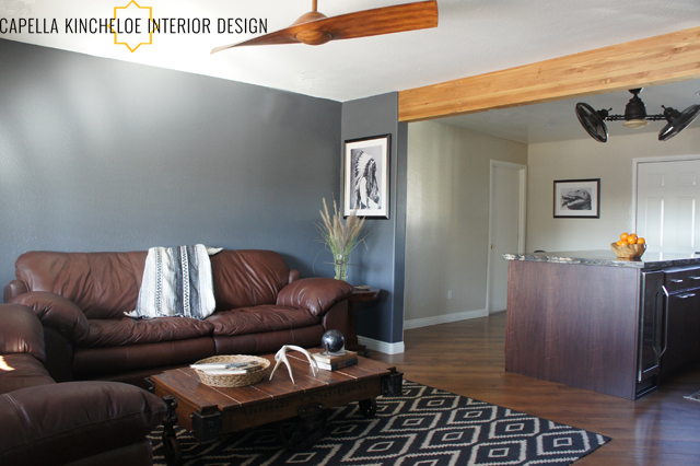 Arizona bachelor pad, masculine, blue walls, leather sofa