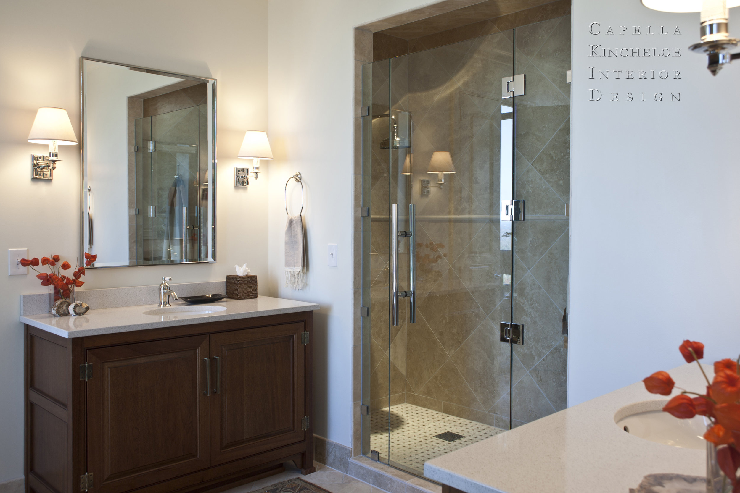 high rise master bathroom with natural organic materials, furniture-inspired custom vanity, two-tone hardware, Samuel Health fixtures