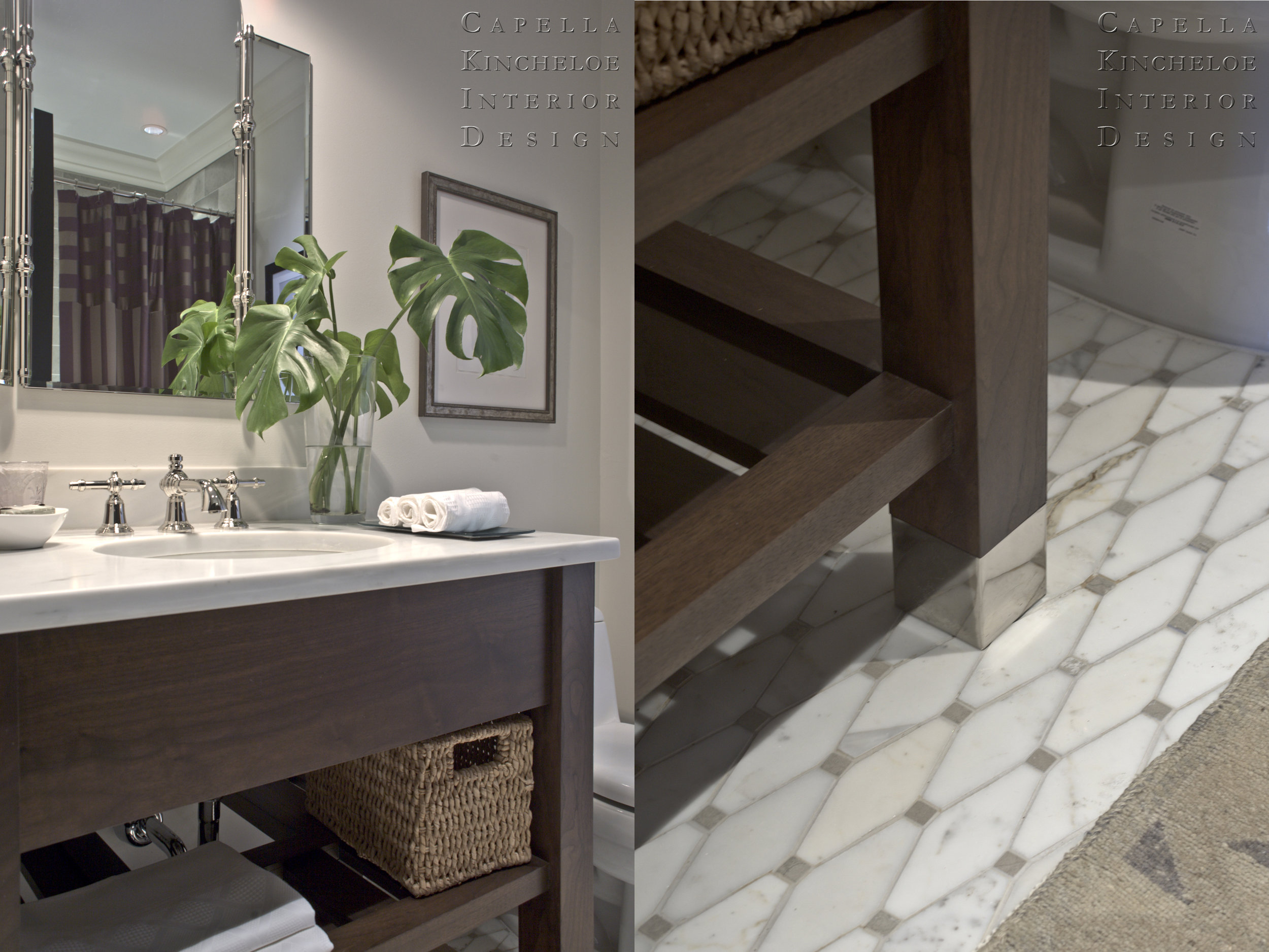 Cute transitional bathroom with Michael Smith for Kallista fixtures, custom vanity, mosaic floor tile