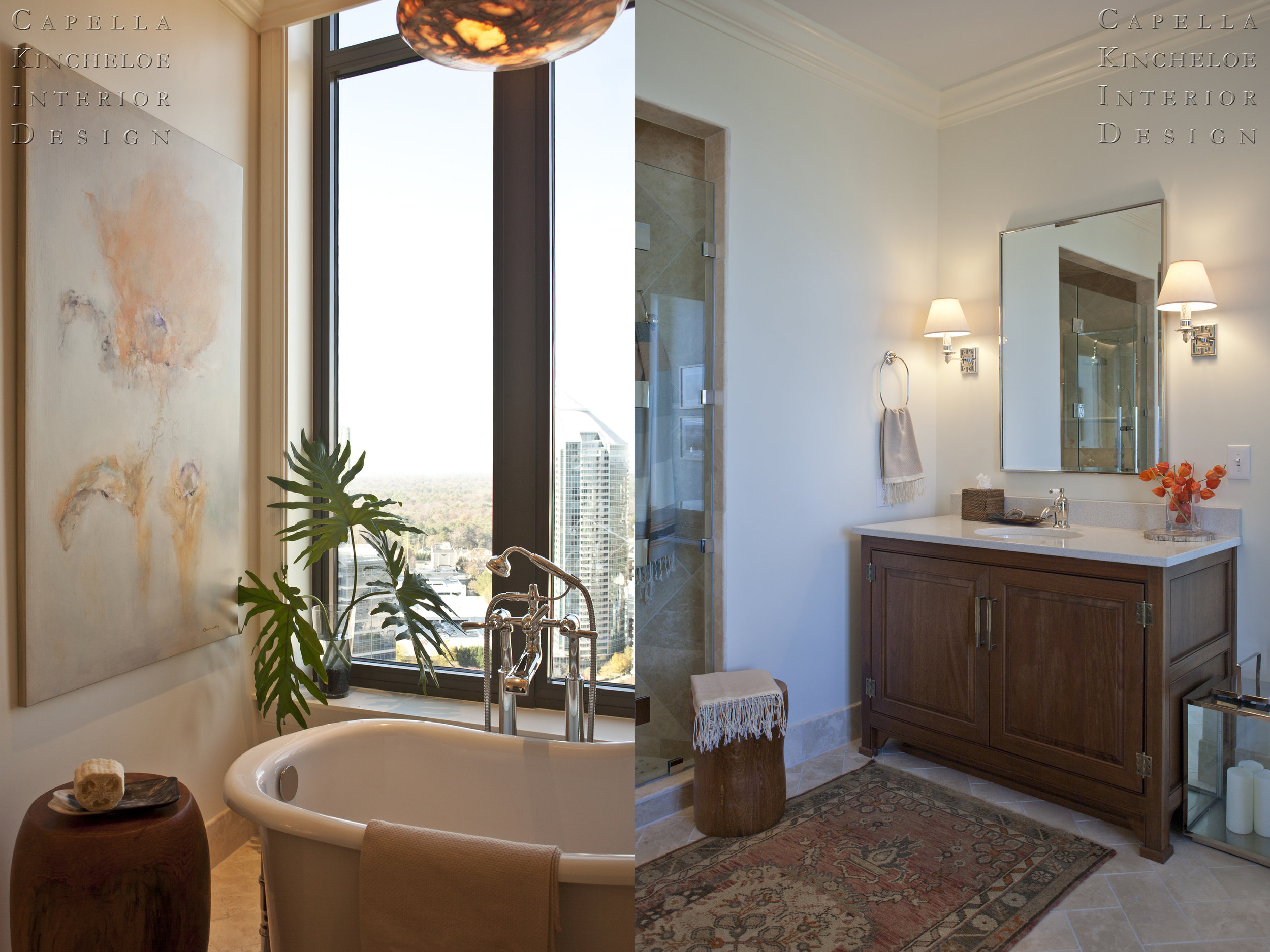 high rise master bathroom with natural organic materials, furniture-inspired custom vanity, two-tone hardware, Samuel Health fixtures