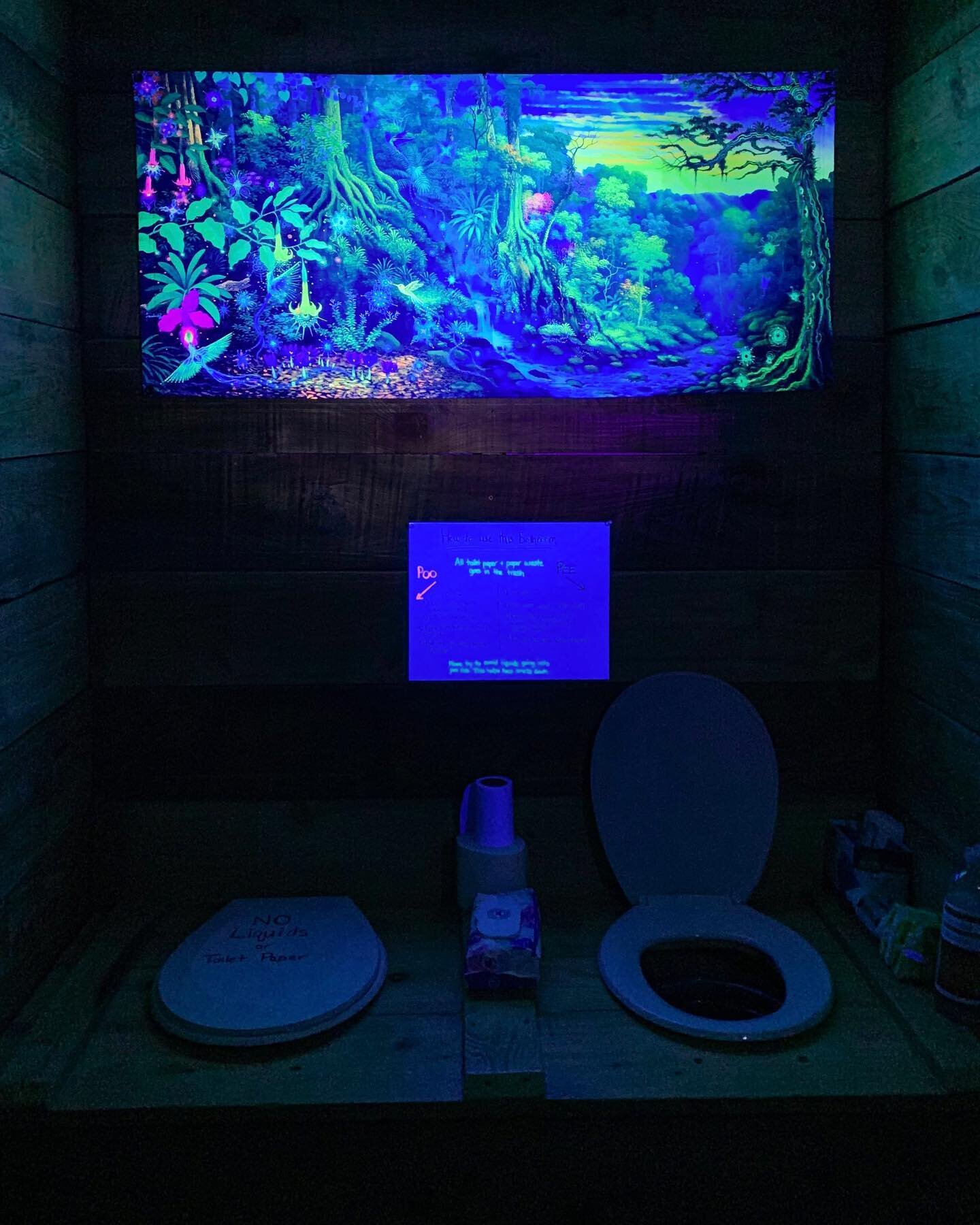 &ldquo;Floresencia&rdquo; in the bathroom at home; with UV blacklight, it looks amazing!! 
this beautiful tapestry will accompany our small bathroom from now on. 
If you want one of these for your own, write me and place your order, as they aren&rsqu