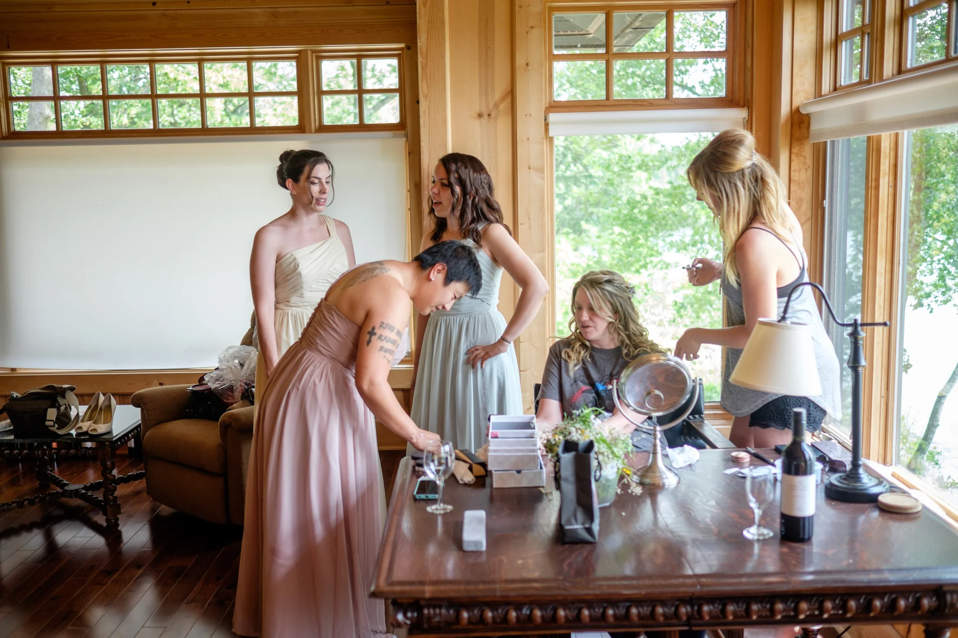 Bride and bridesmaids getting ready.