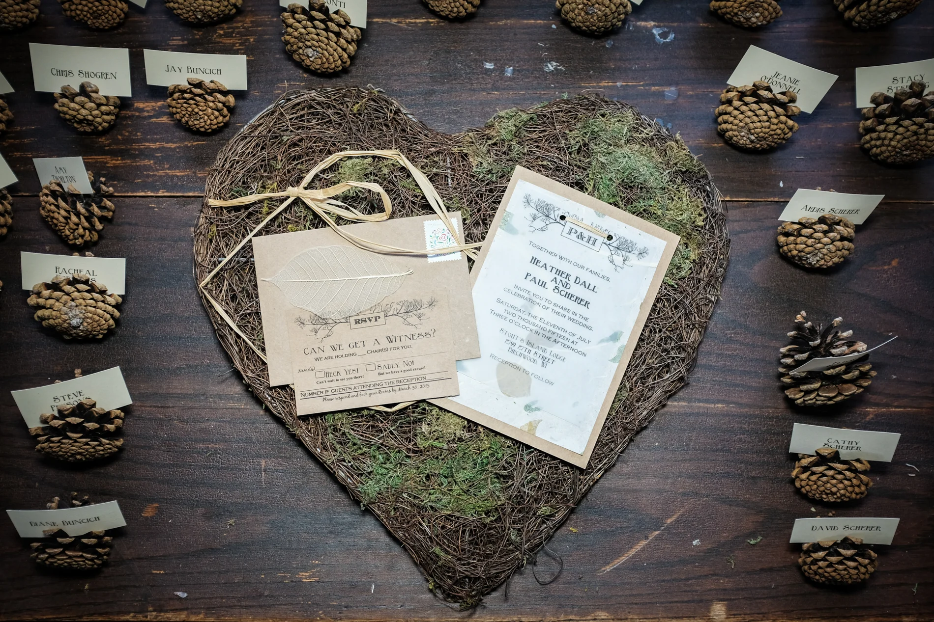Wisconsin wedding details, invitation and seating cards.