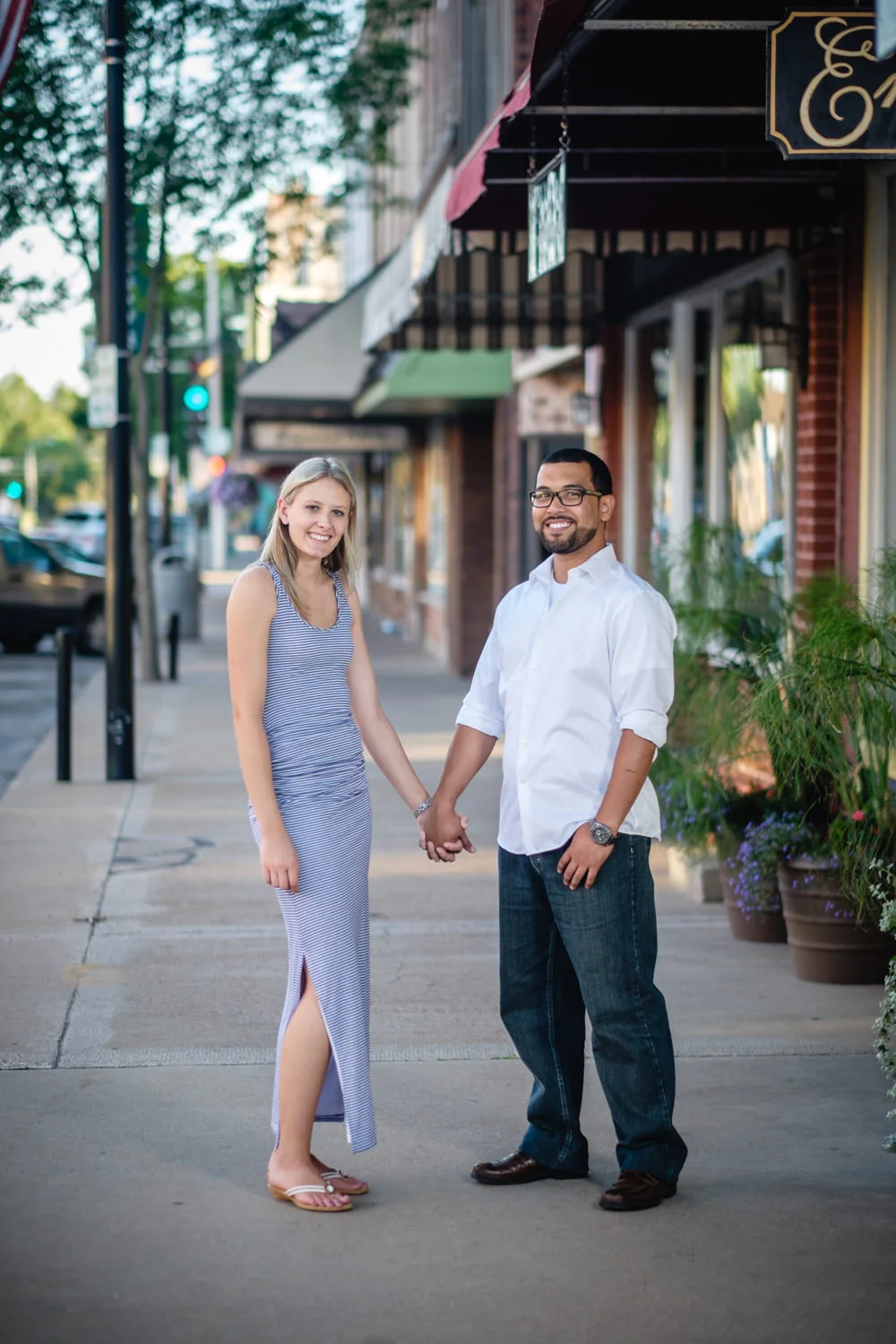 Engagement portriats in downtown Waupaca, Wi.