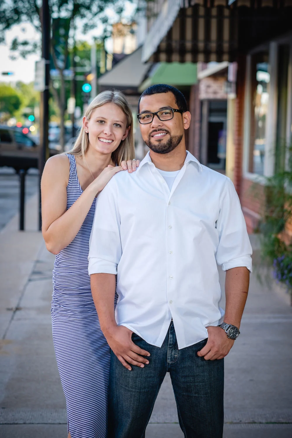 Engagement portriats in downtown Waupaca, Wi.