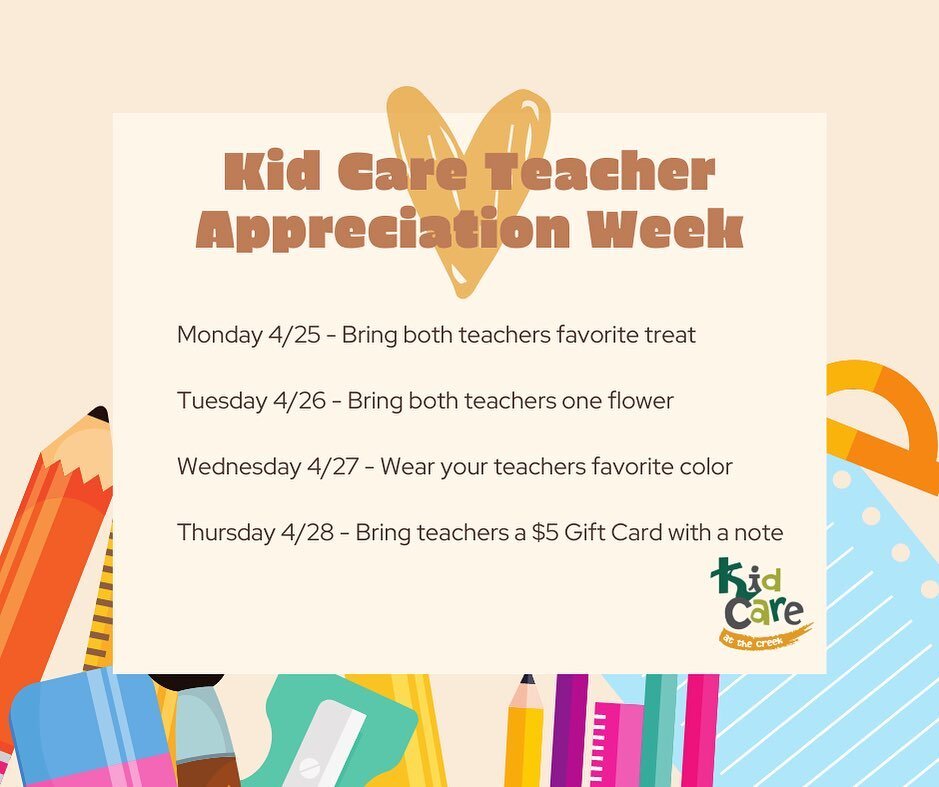 Kid Care Teacher Appreciation Week - April 25-28
.
.
.
.
.
.
.
#teacherappreciationweek #preschool #kidcarepreschool #weloveourteachers