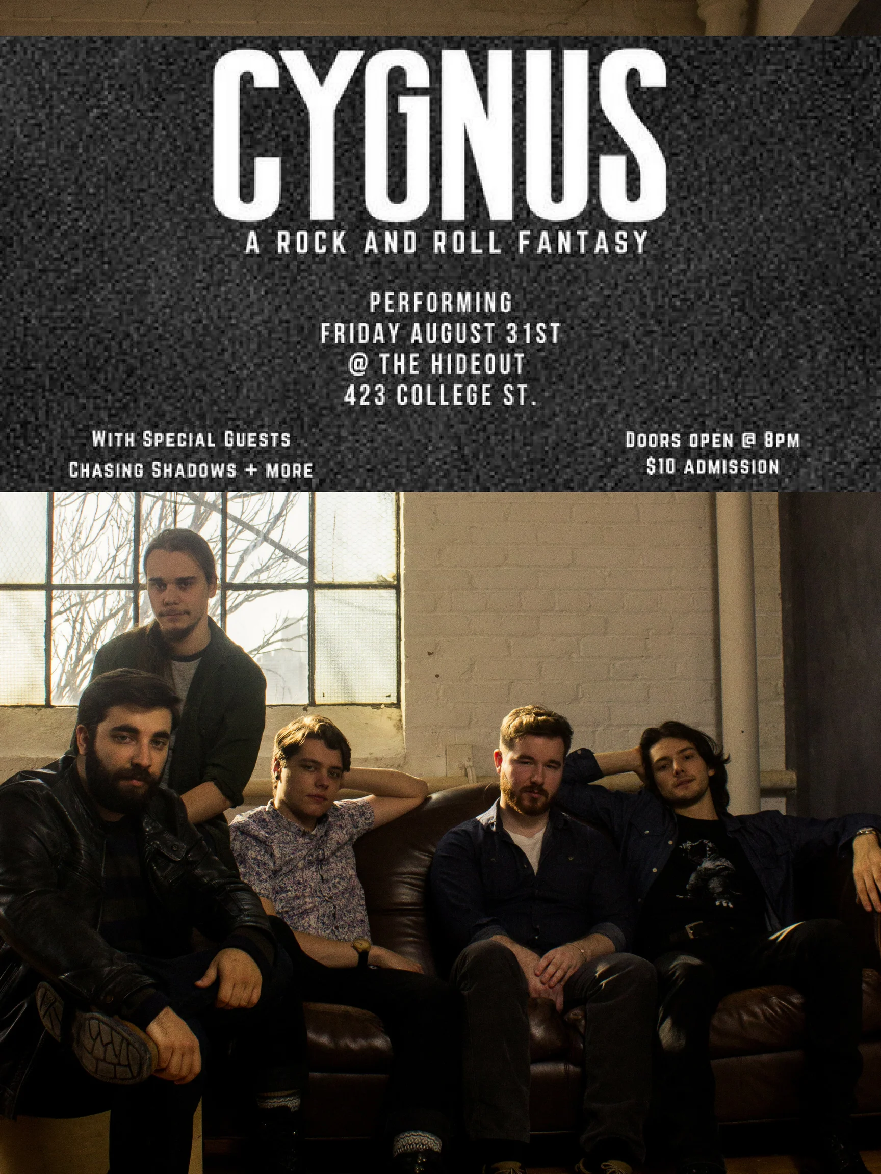 A show that promises to be a dramatic end to the summer. Toronto rock group, CYGNUS return to The Hideout with new music and surprise guests. https://www.facebook.com/events/2214861965221019/