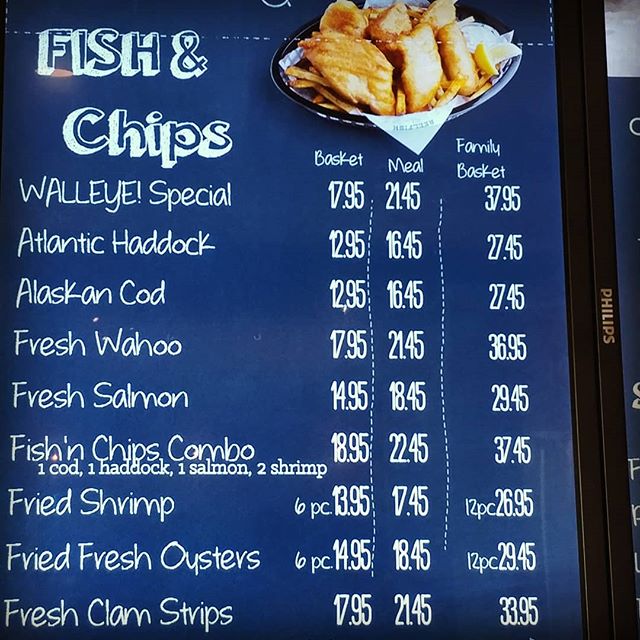 The Fish &amp; Chips board is stacked today!  Come try some fresh #Wahoo, or a line caught #Walleye basket today! #realfood #realfast #Reelfish