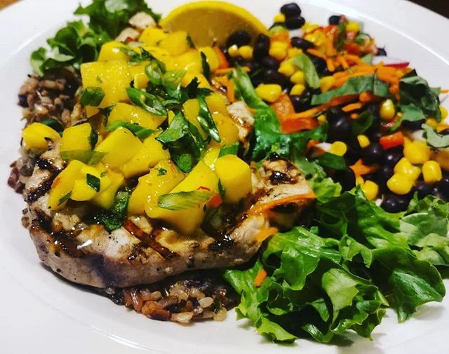 Fresh, wild caught, Mako shark!  Served with a black bean salad, and mango salsa over a bed of wild rice.  Come in and give our fresh Friday catch a try!  #mako #shark #realfood #realfast #Reelfish #Lafayette #Colorado
