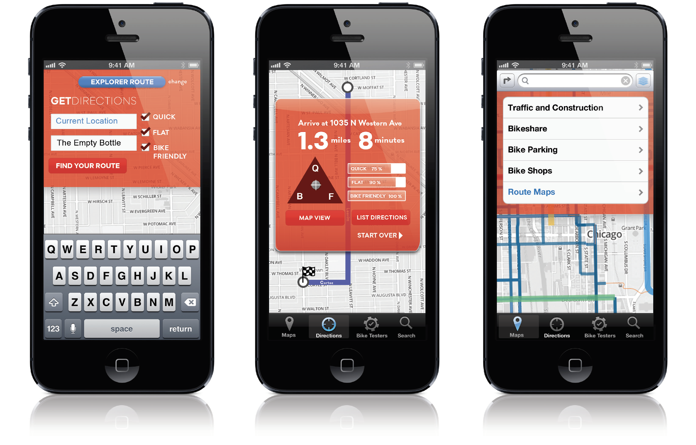 The app would use a custom designed basemap built by Carticulate and Open Street Map. It would also feed in traffic information, bikeshare data, bike parking and other amenities as separate layers.