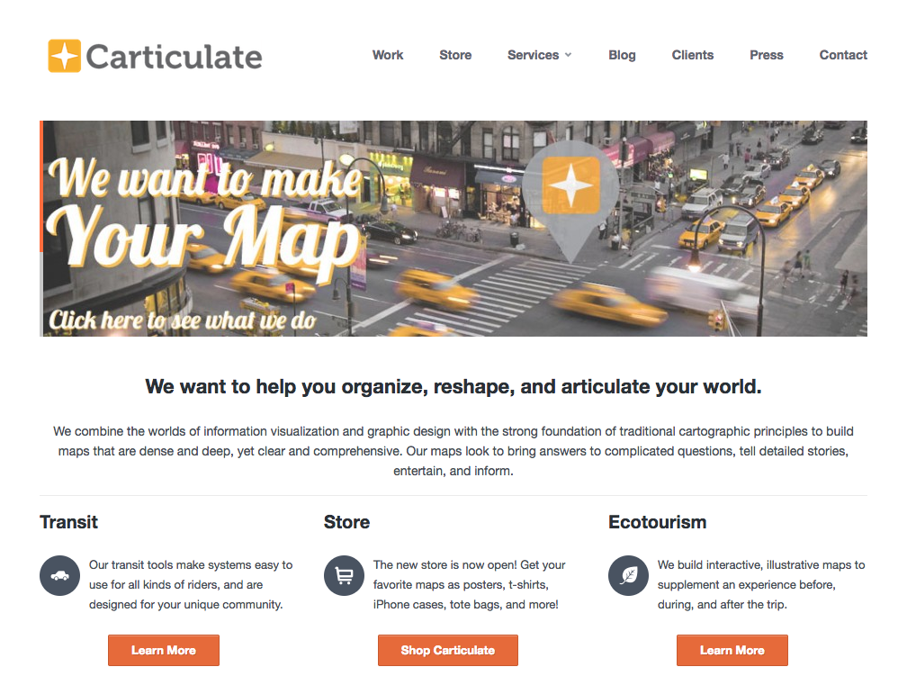 Carticulate began with a self-initiated redesign of a spidery system that desperately needed clarity. The project won support from local media and institutions like the Walker Arts Center . Soon after the Skyway Map release, Carticulate was contracted on the Asheville Redefines Transit campaign. Unity and clarity were priorities of the project, and we chose a visual language that used color with purpose and represented service types accurately. The map became a piece of Asheville identity – featured on t-shirts and selected for the 2012 NACIS Atlas of Design .
