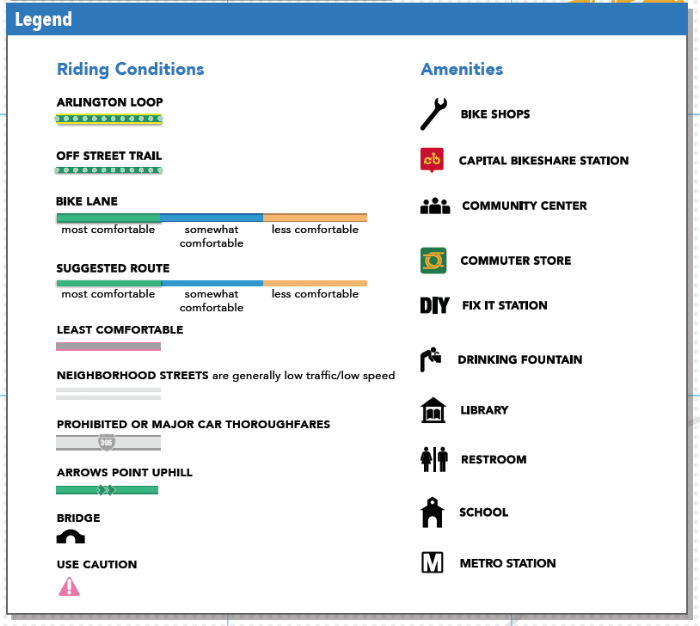 This map aims to highlight the most stress-free routes to get around Arlington. Frequently on Arlington’s roads, bike lanes are accompanied by fast moving traffic and parked cars that pose hazards to people on bikes. There are often times low-volume ,low-speed neighborhood streets that many motor vehicle users may not be aware of, but that will still take people where they need to go.