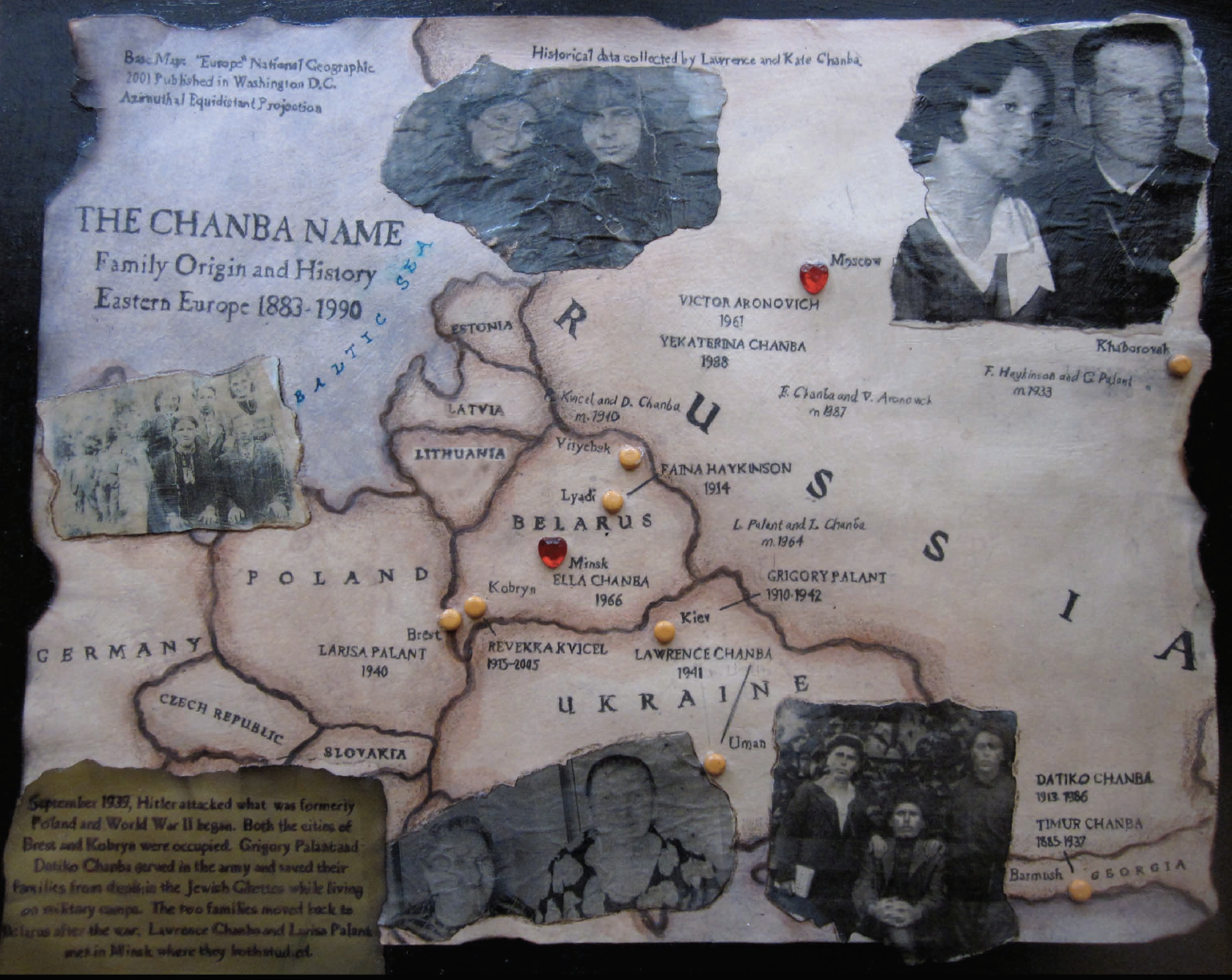 The above is an illustrated map of my family’s history from 1883 until our immigration from the Soviet Union to the United States in 1990. Data was gathered from conversations with my grandfather. Map was created from re-printed photographs, pins, paint, colored pencils, ink, and a base map from National Geographic.
