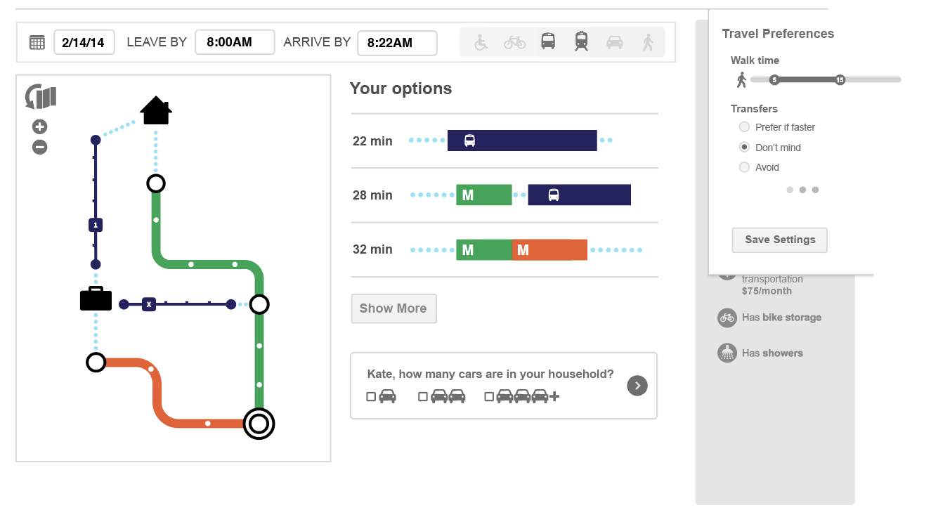 Transit Demand Management theory acknowledges that users consider lifestyle factors in their commute behaviors. We tried to provide measurable impact to positive behavior change by quantifying cost, health, time, and environmental benefits.