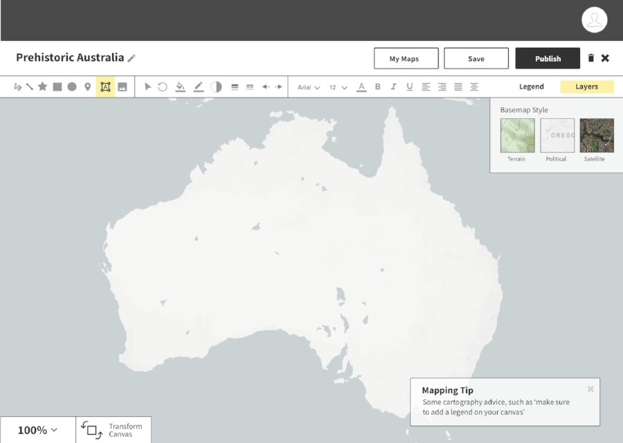 The Map Builder allows for users to define an area from an open source map canvas designed in Mapbox, and to add content to it using drawing and text tools. Users can change the base map layers and images to customize the maps to their specific needs and continue to iterate.