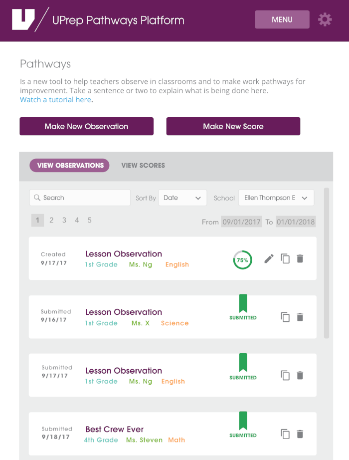 As design lead with NiJeL we are working with University Prep Academy in Detroit to implement a new roadmap system for teachers and administrators. I’ve managed UX/UI design for an interactive tool to observe and score teachers, and allow for all school members to follow a road map to success based on a defined rubric.