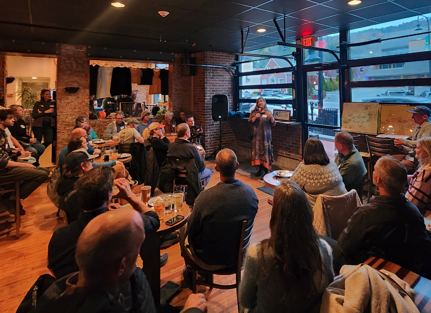 Michelle Leonard addresses attendees at a fundraising event at SouthEnd Brewing in Boone