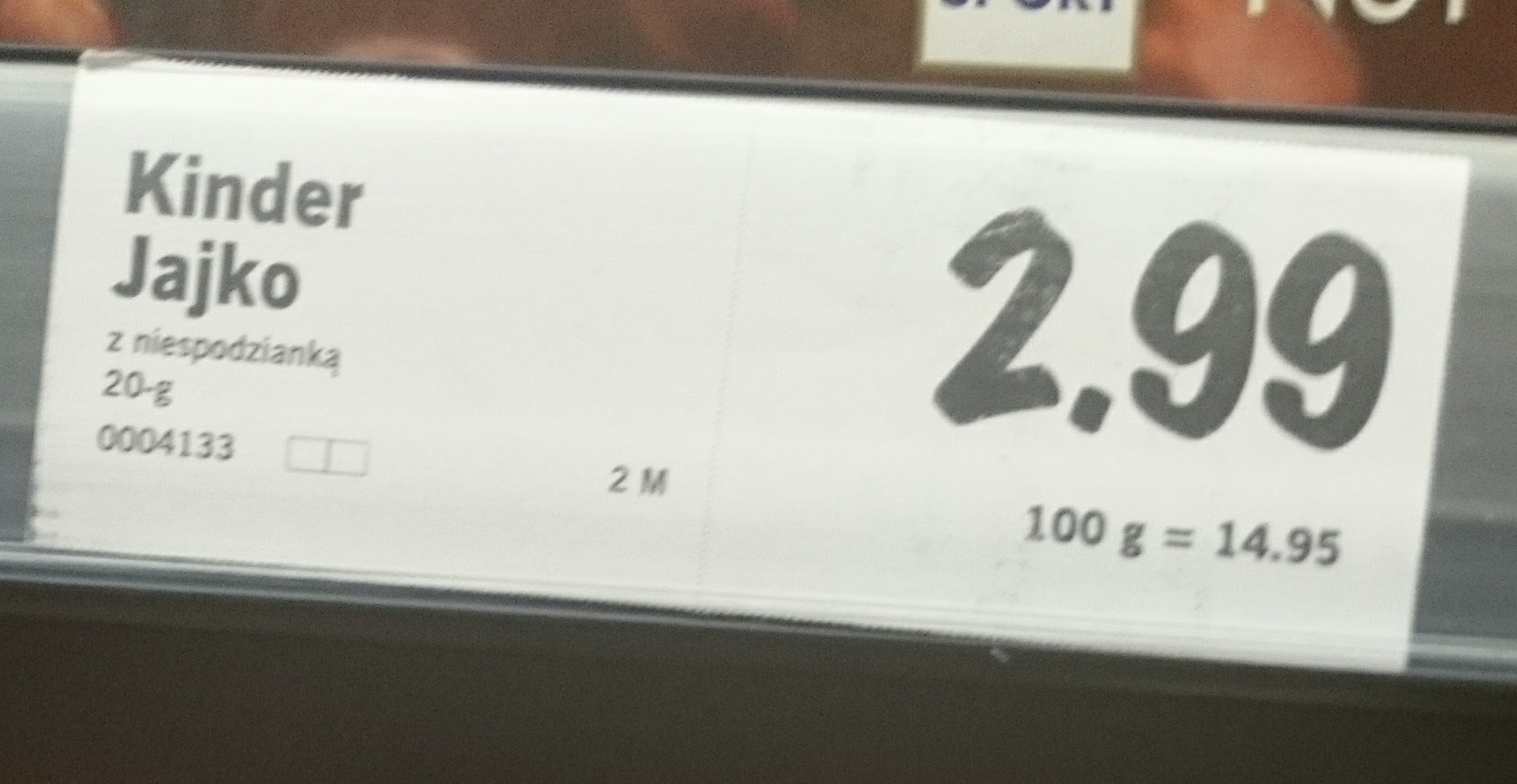You get 20 grams of chocolate in the egg plus the toys for about 75 cents in today's US dollars. 2.99 zl.