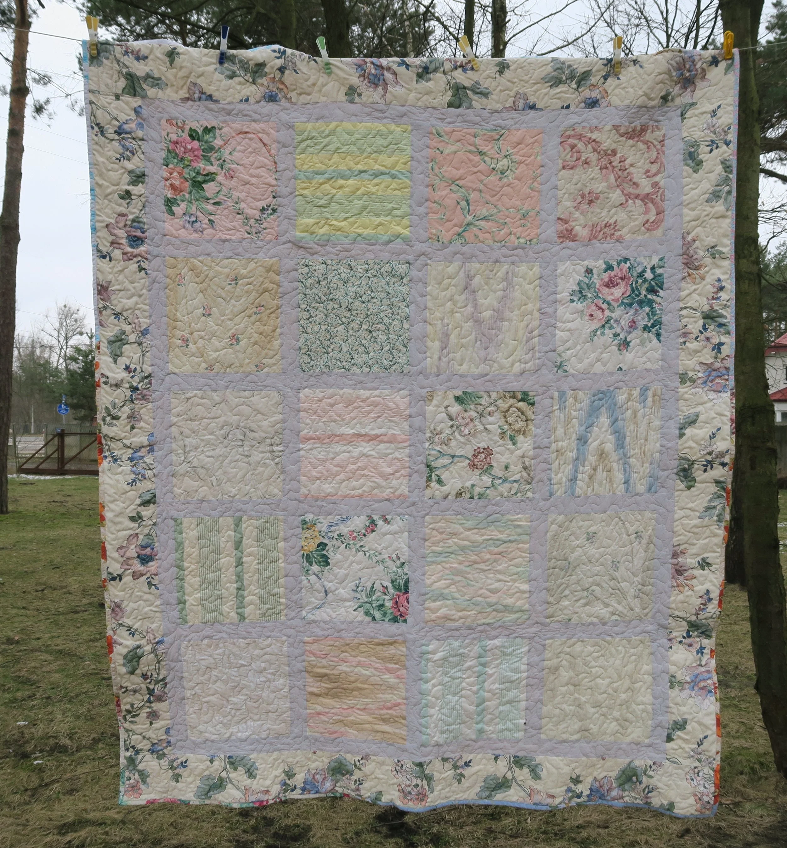 01 Donated squares. These were from upholstery fabric. I love how this one turned out. So soft and pretty.