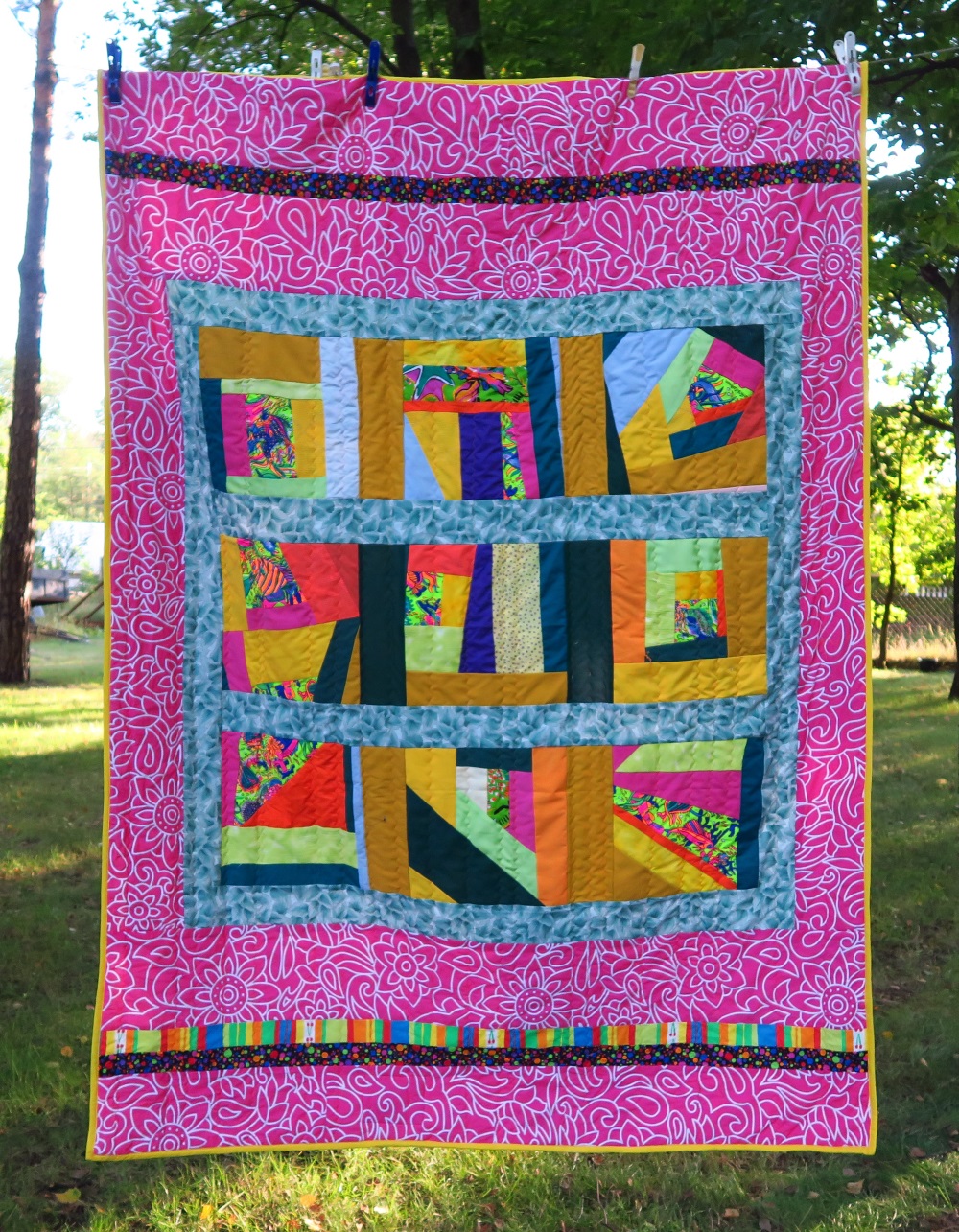 60 Donated crazy squares lap size top - I added to make it a European twin