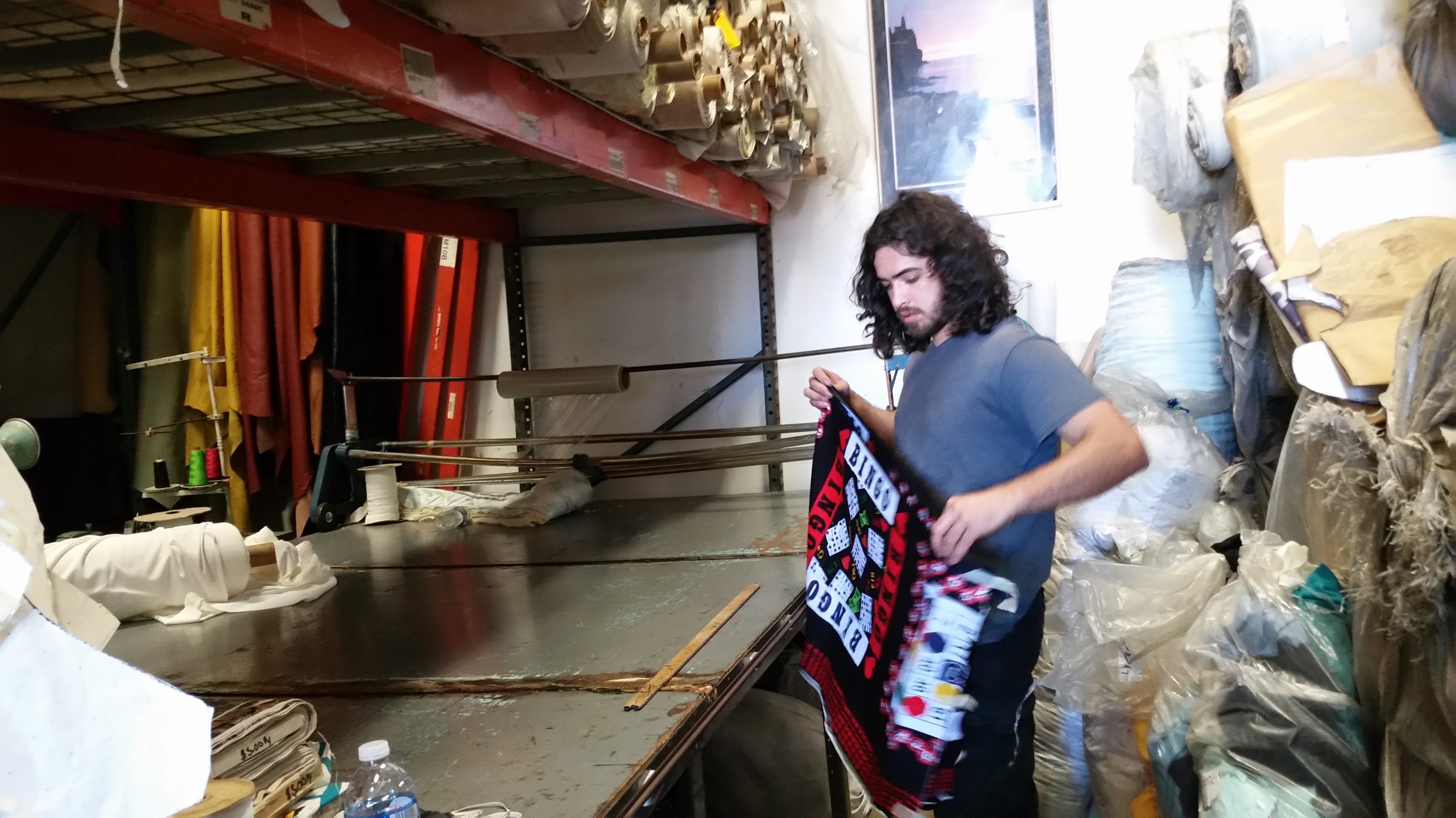 Here's the son measuring off my BINGO fabric, which would be perfect for any BINGO enthusiasts!
