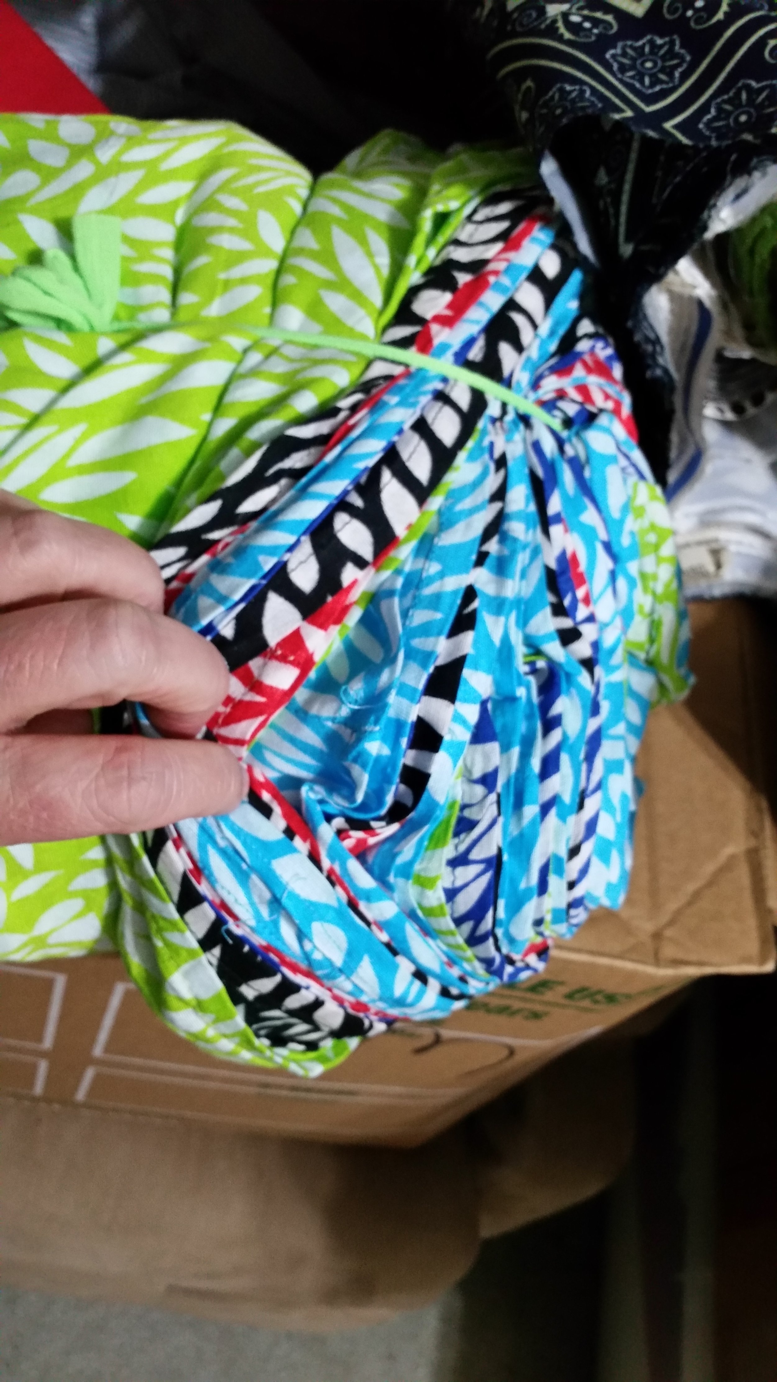 These are the ones that he gave me... it's 100% cotton, but it's a stretchy cotton... and plenty of fabric if any one wants to try to do something. It'd be fun to see what you could do! Just comment below that you'd like it. We'll have a drawing on Feb. 1 from among those who want it and declare a winner. Make sure we have a way to contact you! We can only ship to the USA..
