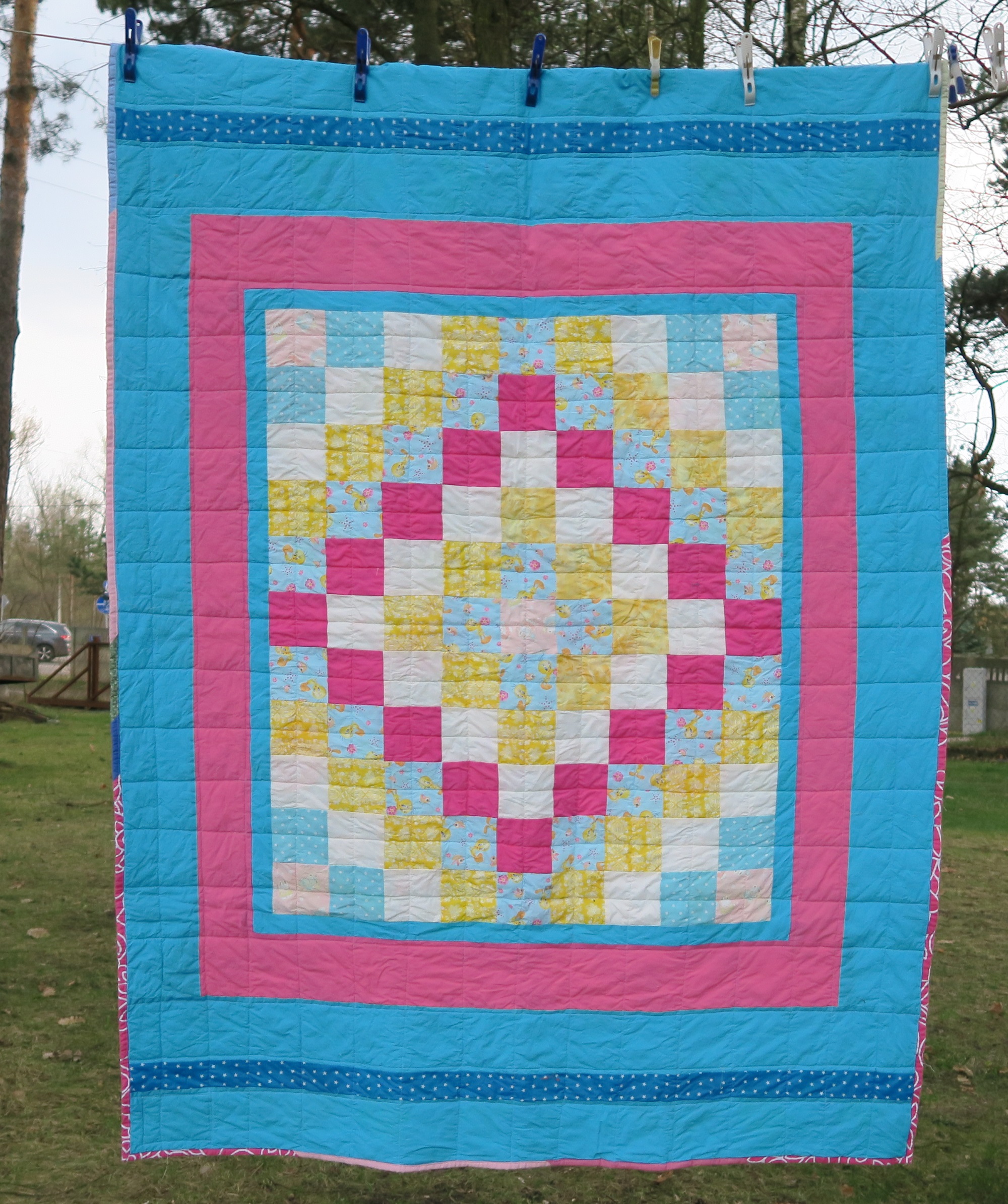 17. Center of the top donated by a friend in AZ. I added borders to it until it became a European twin size.
