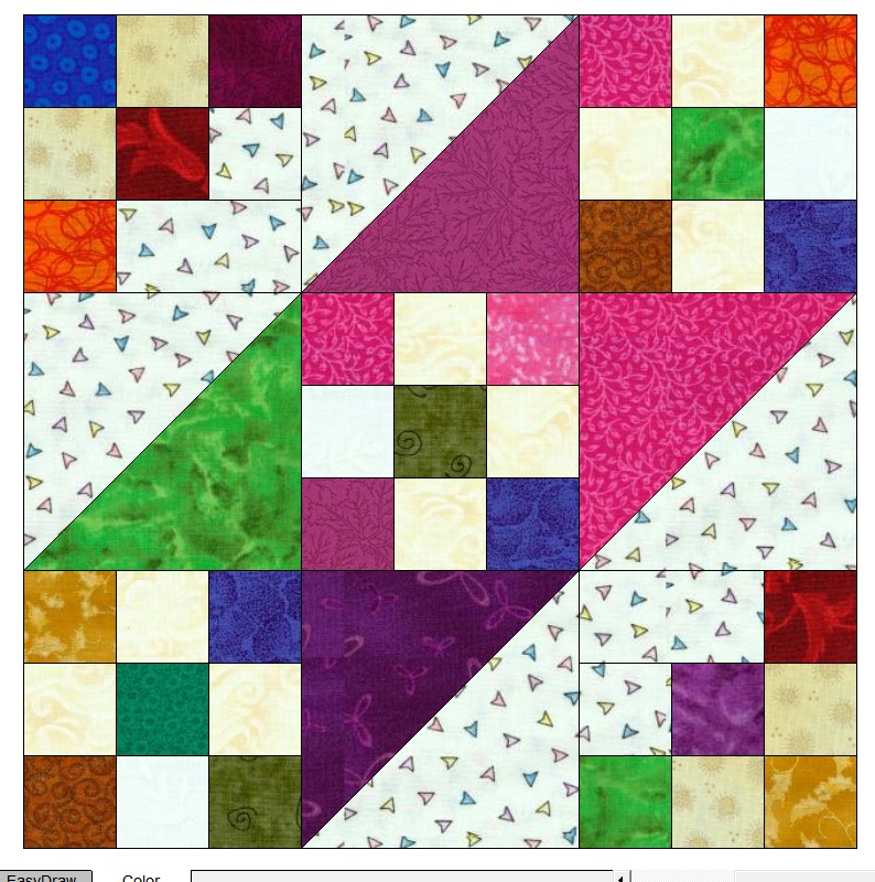 This is the main block used in "Arapaho Roads". I used a low volume bluish print in the HST for the section where I used light/cream in "Blades of Color" and tan in the 9 patches on the upper left and lower right corners.