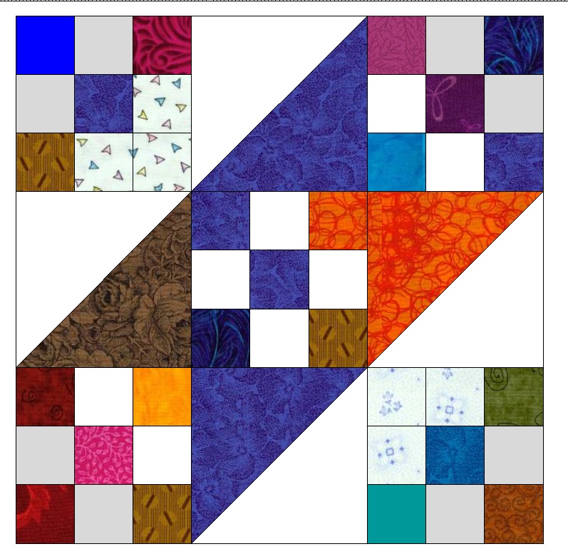 This is the main block used in "Test Pattern #49". I left the second half of the HST as white and made the corners of the 9 patch a tad bit darker. I also put light gray in two of the 9 patches in the center.
