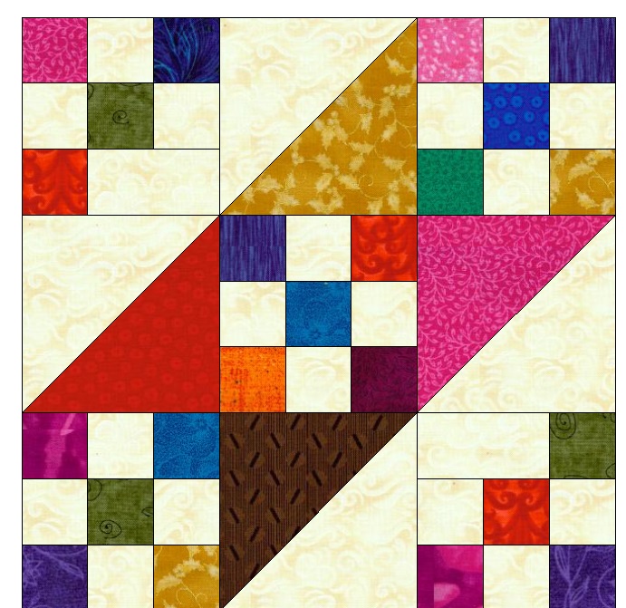 This is the main block used in "Blades of Color". I kept the second half of the HST to very light/cream and made the corner of the 9 patch light/cream as well.