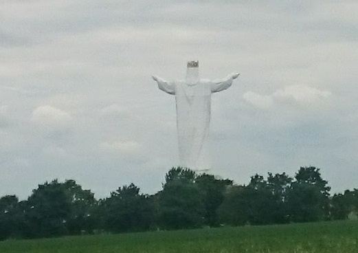 They built a "Jesus statue" here in Poland .This is the back side of it--all we could see of it from the freeway as we drove on by. More about it here.
